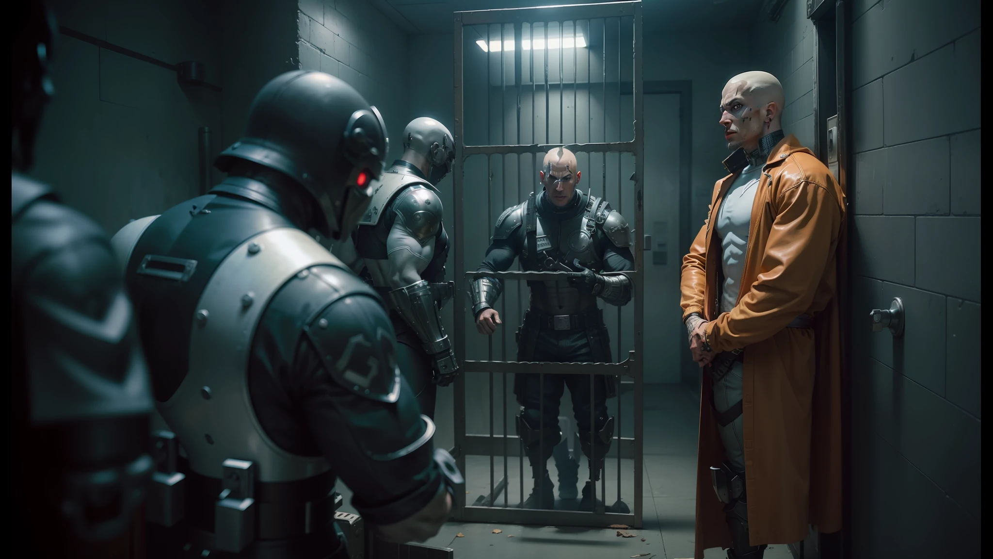 arafed man standing in a jail cell with a caged door, die antwoord music video, still from the movie saw, movie still of cyborg, still from a music video, still from alita, altered carbon, movie still of aztec cyborg, leather clothes under the armor, dark taint :: athletic, movie still of a alien cyborg, cage --auto --s2