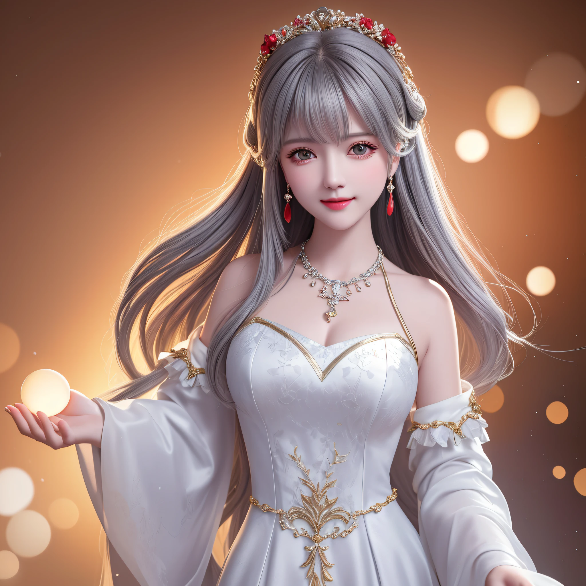 Best Quality, Masterpiece, High Resolution, 1 Girl, Porcelain Dress, Hair Accessories, Necklace, Jewelry, Beautiful Face, Physics, Tyndall Effect, Realism, Dark Studio, Edge Lighting, Two-tone Lighting, (High Detail Skin: 1.2), 8k UHD, DSLR, Soft Light, High Quality, Volumetric Light, Voyeur, Photo, High Resolution, 4K, 8K, Background Blur, (Full Body 1.9), (Exposed Chest 1.6), (Gray Hair 1.4), (Red 1.5), (Bangs 1.3), (Smile 1.5), (Cute 1.2), (Big Bust 1.5)