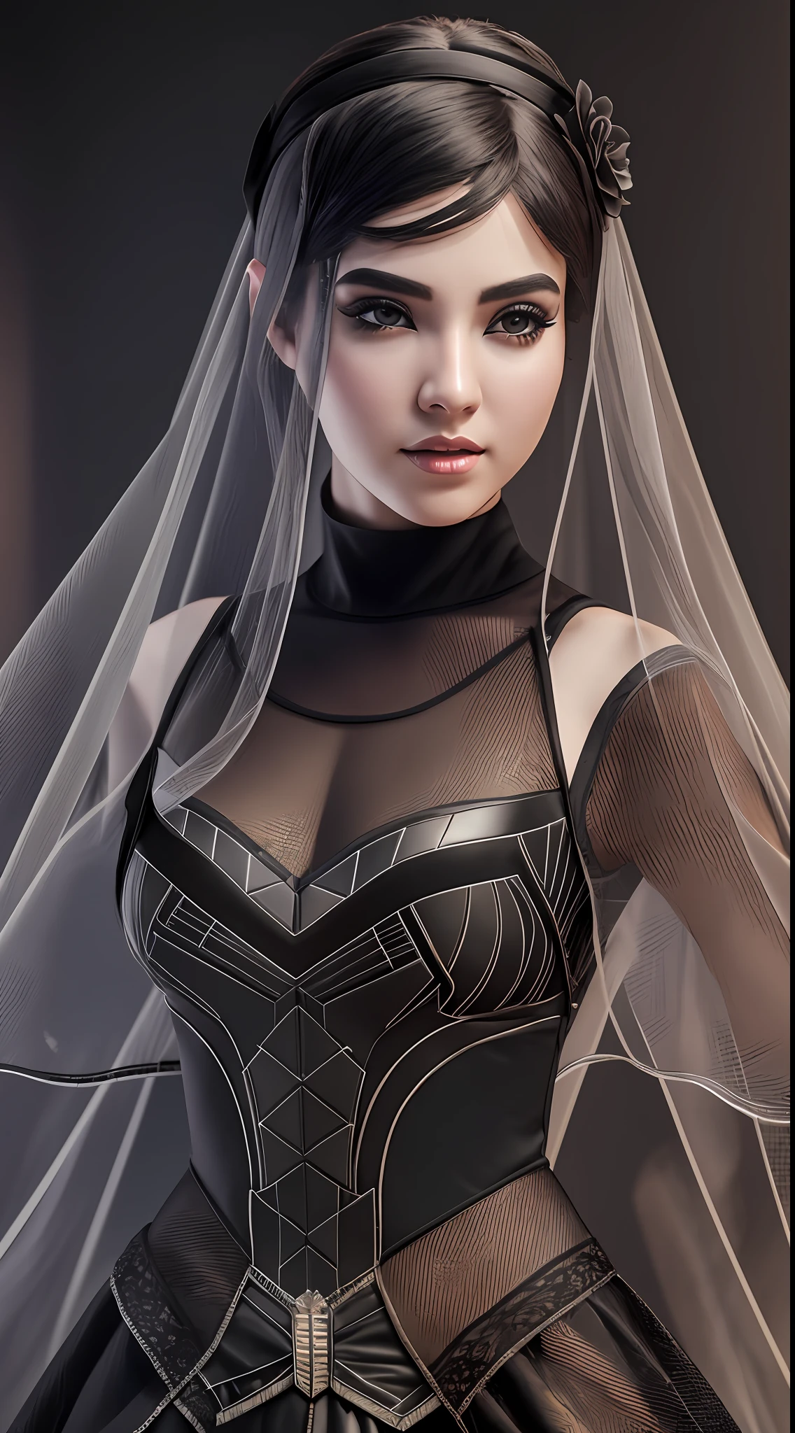 This half-body portrait photography showcases a beautiful girl standing sideways against a black background, with heavy makeup, wearing a black lace top and long skirt, with black wings and a mesh mask, and gloves, advanced lighting highlights her elegance and mystery. Captured with a panoramic lens in the evening, using stabilizing technology with Unreal Engine engine and 4K ultra-high definition. --v 5.1 --ar 2:3 --auto --s2