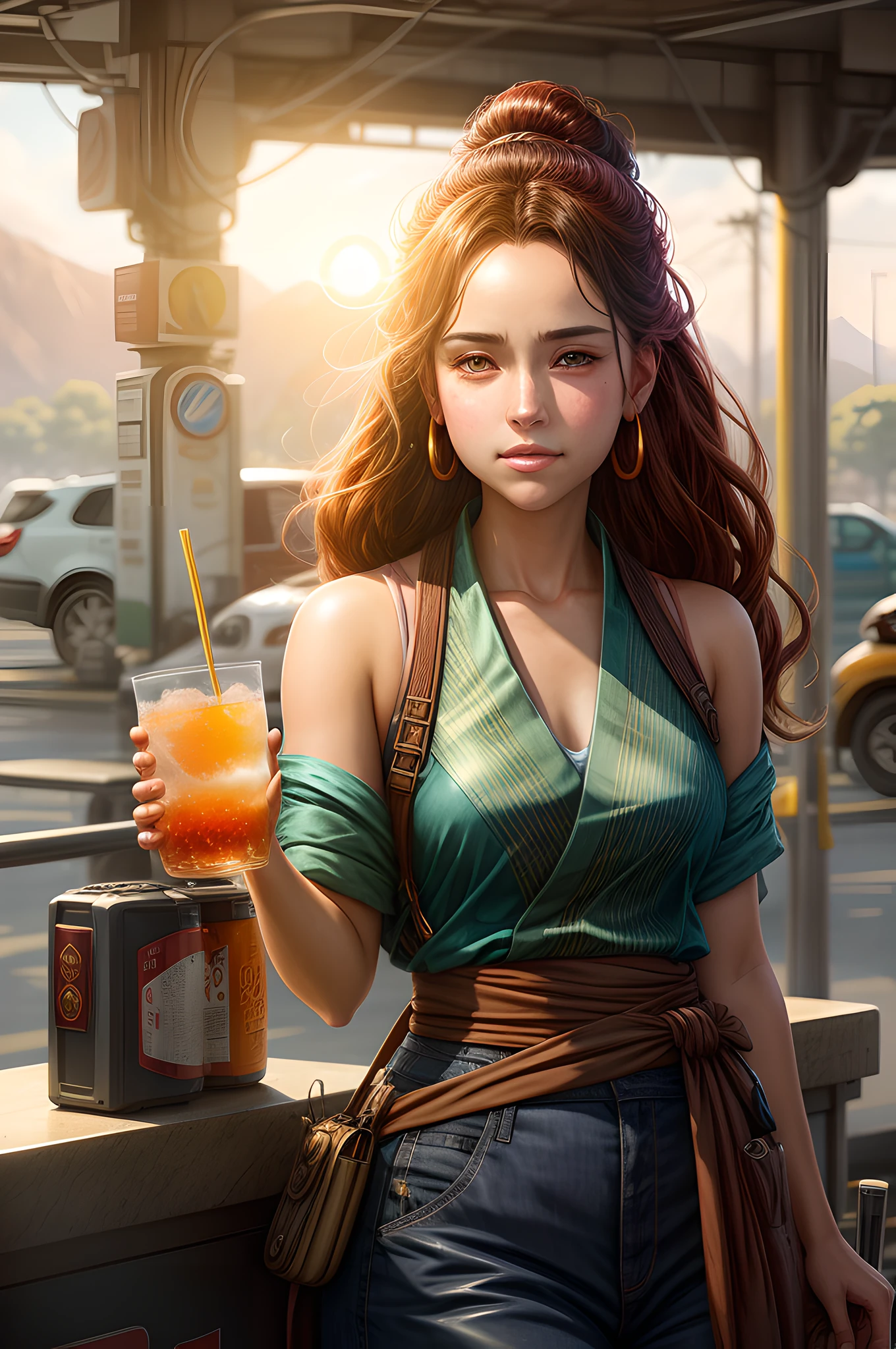 a beautiful girl at a gas station drinking a Kyojin drink, symmetrical face, golden hour, digital painting, soft lighting, adventurous, atmospheric lighting, 8K, octane render. By Makoto Shinkai, Stanley Artgerm Lau, WLOP, Rossdraws, James Jean, Andrei Riabovitchev, Marc Simonetti, krenz cushart, Sakimichan, D&D trending on ArtStation, digital