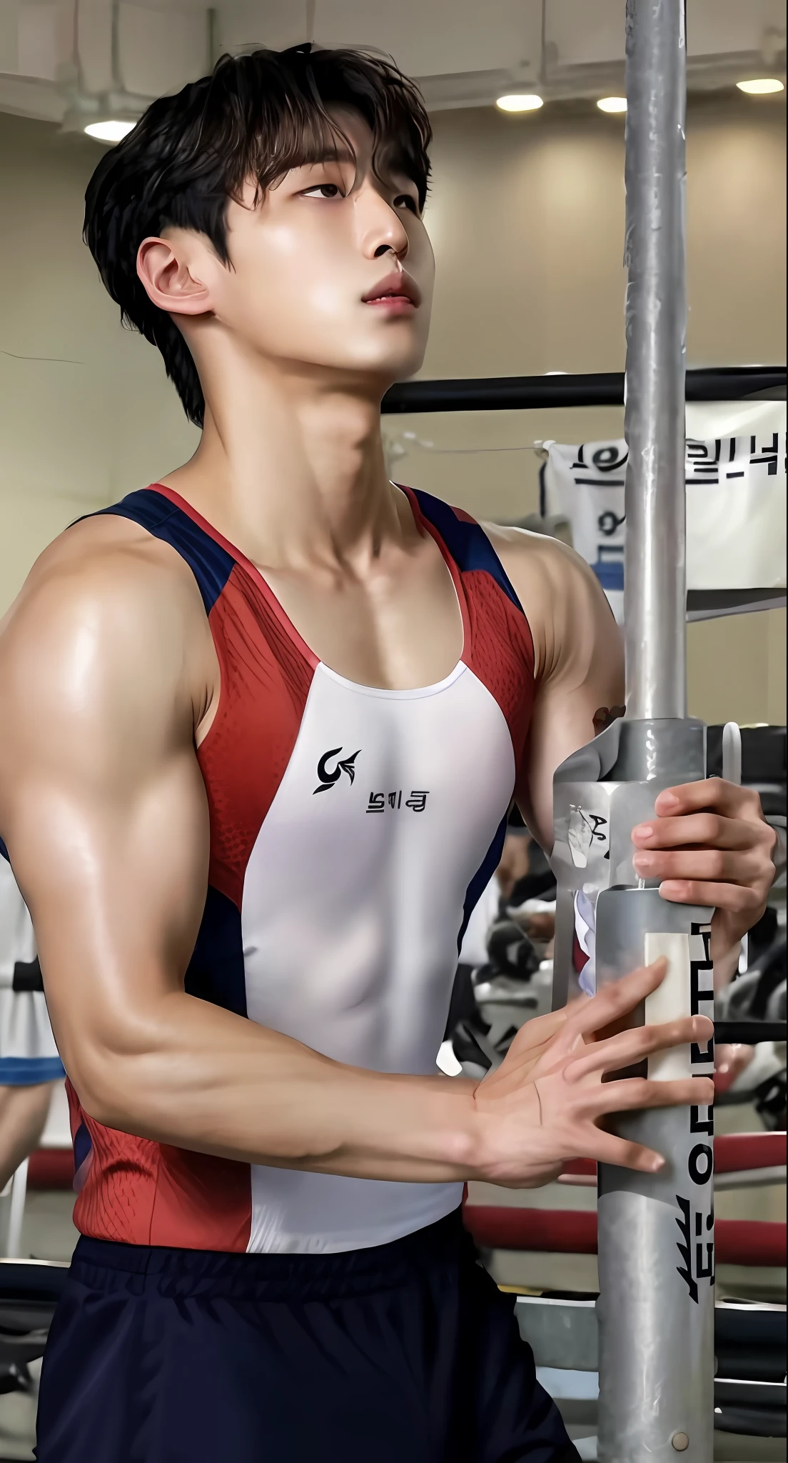 arafed male athlete holding a pole in a gym, jung gi kim, joongwon charles jeong, joongwon jeong, south korean male, hyung tae kim, kim jung giu, hyung-tae kim, hyung - tae kim, kim hyun joo, kim jung gi, kim doyoung, jeongseok lee, kim jung-gi