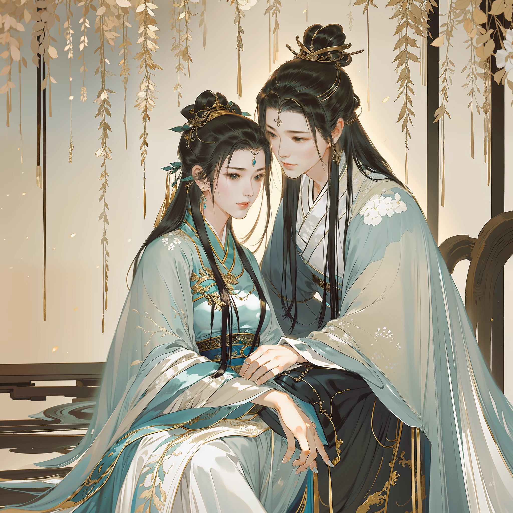 An ancient Chinese man and woman, snuggling up to each other, clear face, beautiful eyes, romantic atmosphere, background is in ancient streets, trees, masterpiece, super detailed, epic composition, super HD, high quality, highest quality, 32k