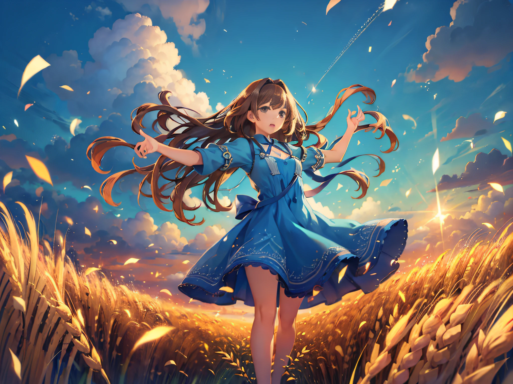 best quality, masterpiece, 8k, studio ghibli style, ultra detailed, warm lightings, (very wide shot:1.4), (long shot:1.3), 180mm lens, BREAK (a girl in a blue dress:1.6) with (light brown hair:1.6) and (medium hair:1.6) descends to the (golden wheat field that reaches the horizon:1.4), BREAK She (spreads her arms wide:1.1). BREAK The sunlight shines her hair beautifully.