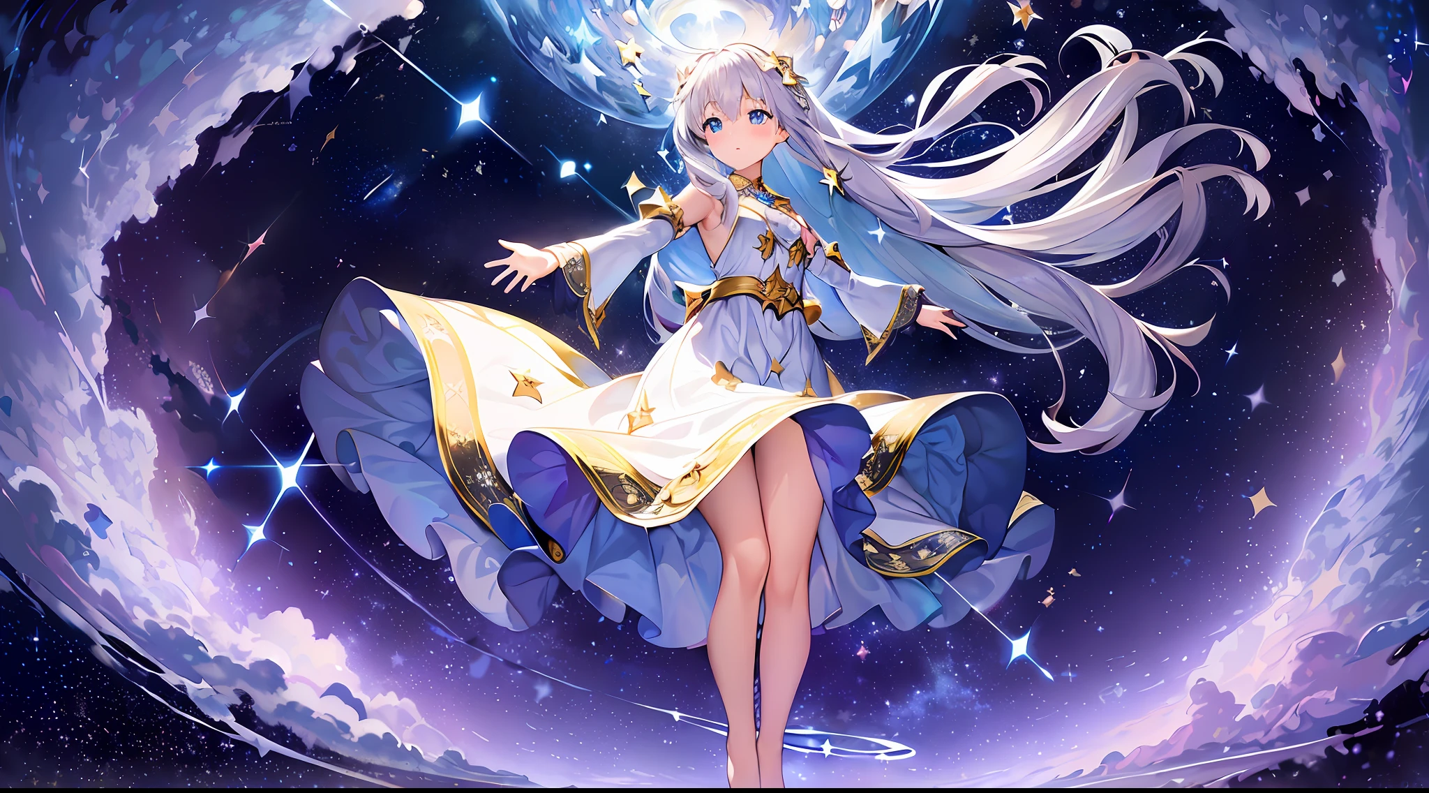 Masterpiece, (Best Quality), (1 Girl), Solo, (High Contrast: 1.2), 1 girl, (16yo), dreamy, (innocent expression:1.2), mesmerizing eyes, (silver hair:1.1), long flowing hair, (star-shaped hairpin:0.8), (freckles:0.9), celestial glow, (flowing dress:1.3), (sparkling stars pattern:1.4), barefoot, (floating in mid-air:1.5), (arms stretched upwards:1.2), (gazing at the sky:1.3), night sky, (countless twinkling stars:1.4), (shooting star:1.2), moon, (soft clouds:1.1), (milky way:1.3), (cosmic backdrop:1.5), (mystical aura:1.4), (ethereal atmosphere:1.3), tranquility, (sense of wonder:1.2), (peaceful ambiance:1.1),