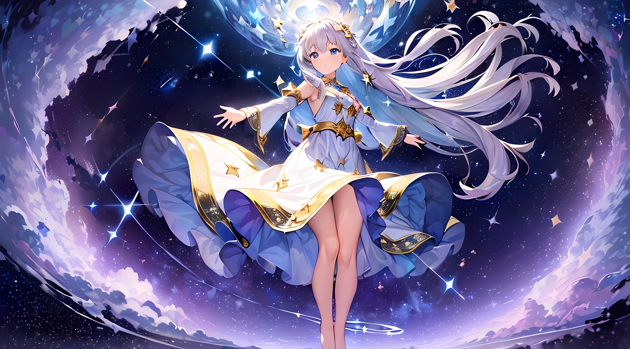Masterpiece, (Best Quality), (1 Girl), Solo, (High Contrast: 1.2), 1 girl, (16yo), dreamy, (innocent expression:1.2), mesmerizing eyes, (silver hair:1.1), long flowing hair, (star-shaped hairpin:0.8), (freckles:0.9), celestial glow, (flowing dress:1.3), (sparkling stars pattern:1.4), barefoot, (floating in mid-air:1.5), (arms stretched upwards:1.2), (gazing at the sky:1.3), night sky, (countless twinkling stars:1.4), (shooting star:1.2), moon, (soft clouds:1.1), (milky way:1.3), (cosmic backdrop:1.5), (mystical aura:1.4), (ethereal atmosphere:1.3), tranquility, (sense of wonder:1.2), (peaceful ambiance:1.1),