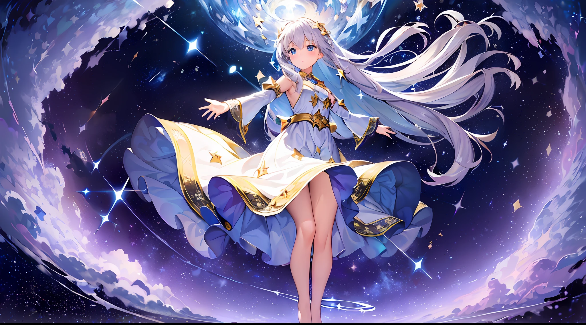 Masterpiece, (Best Quality), (1 Girl), Solo, (High Contrast: 1.2), 1 girl, (), dreamy, (innocent expression:1.2), mesmerizing eyes, (silver hair:1.1), long flowing hair, (star-shaped hairpin:0.8), (freckles:0.9), celestial glow, (flowing dress:1.3), (sparkling stars pattern:1.4), barefoot, (floating in mid-air:1.5), (arms stretched upwards:1.2), (gazing at the sky:1.3), night sky, (countless twinkling stars:1.4), (shooting star:1.2), moon, (soft clouds:1.1), (milky way:1.3), (cosmic backdrop:1.5), (mystical aura:1.4), (ethereal atmosphere:1.3), tranquility, (sense of wonder:1.2), (peaceful ambiance:1.1),
