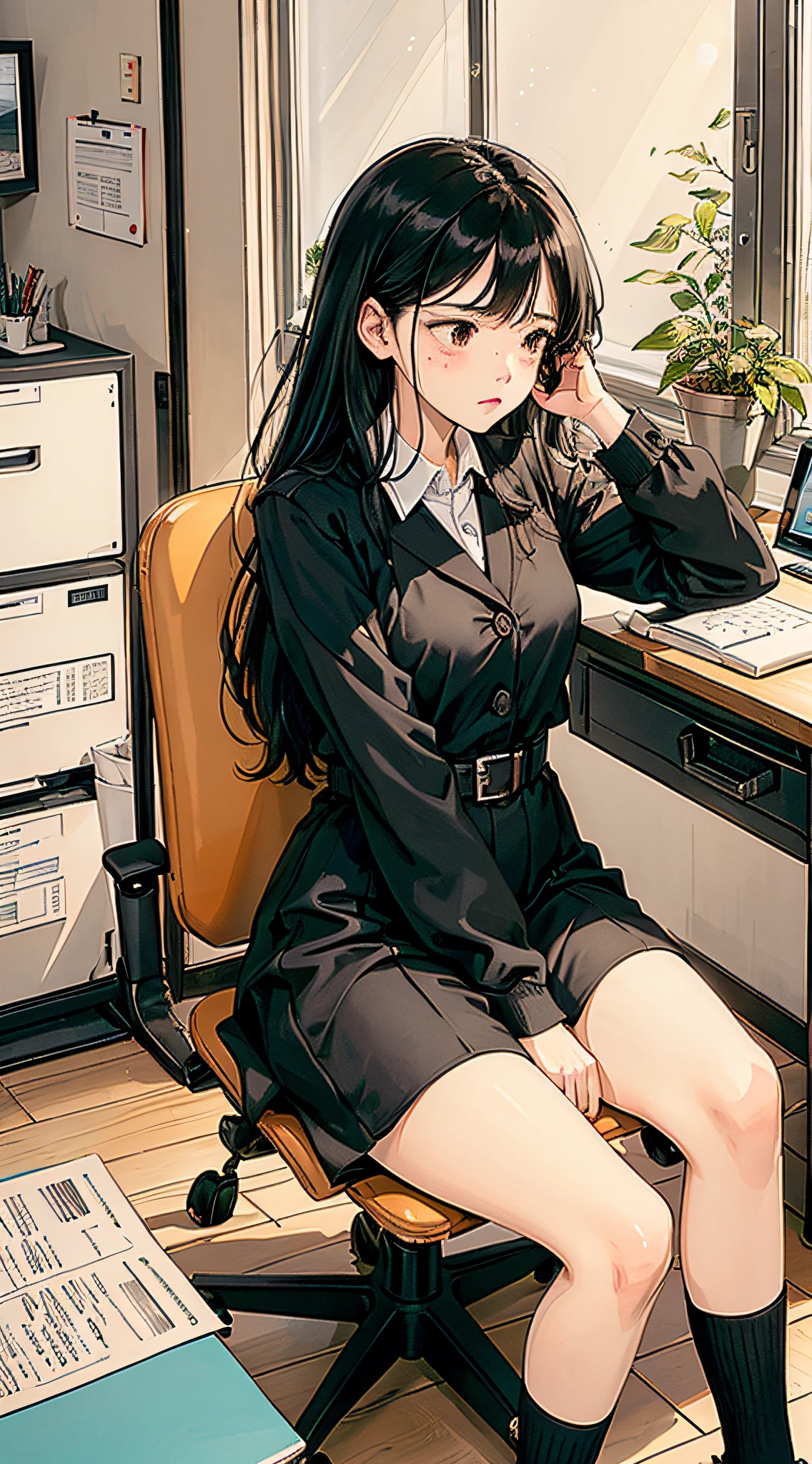 1 woman, long black hair, (hair color: black), sitting at a desk, (desk type: desk), (expression: resignation and worry), there is a computer and many documents on the desk, (computer: desktop computer), (documents: stacked files), (age: adult), (clothing: professional wear), (background: office environment), (time of day: noon), (weather: sunny), (sun: shining brightly), (lighting: natural), (mood: gloomy), (Atmosphere: Work Environment), (Environment: Office Supplies, Office Chair), (Responsibility: Obvious), (Concentration: Deep Thinking), (Environment: Enterprise), (Detail: Organized Workspace), (Composition: Center), (Message Conveyed: Work-Related Challenges), (Inner Struggle: Painted on the Face), (Background: Professional Environment), (Weight of Responsibility: Visible), (Hope to Solve: Bottom), Worry, Depressed, Head Down, Sigh