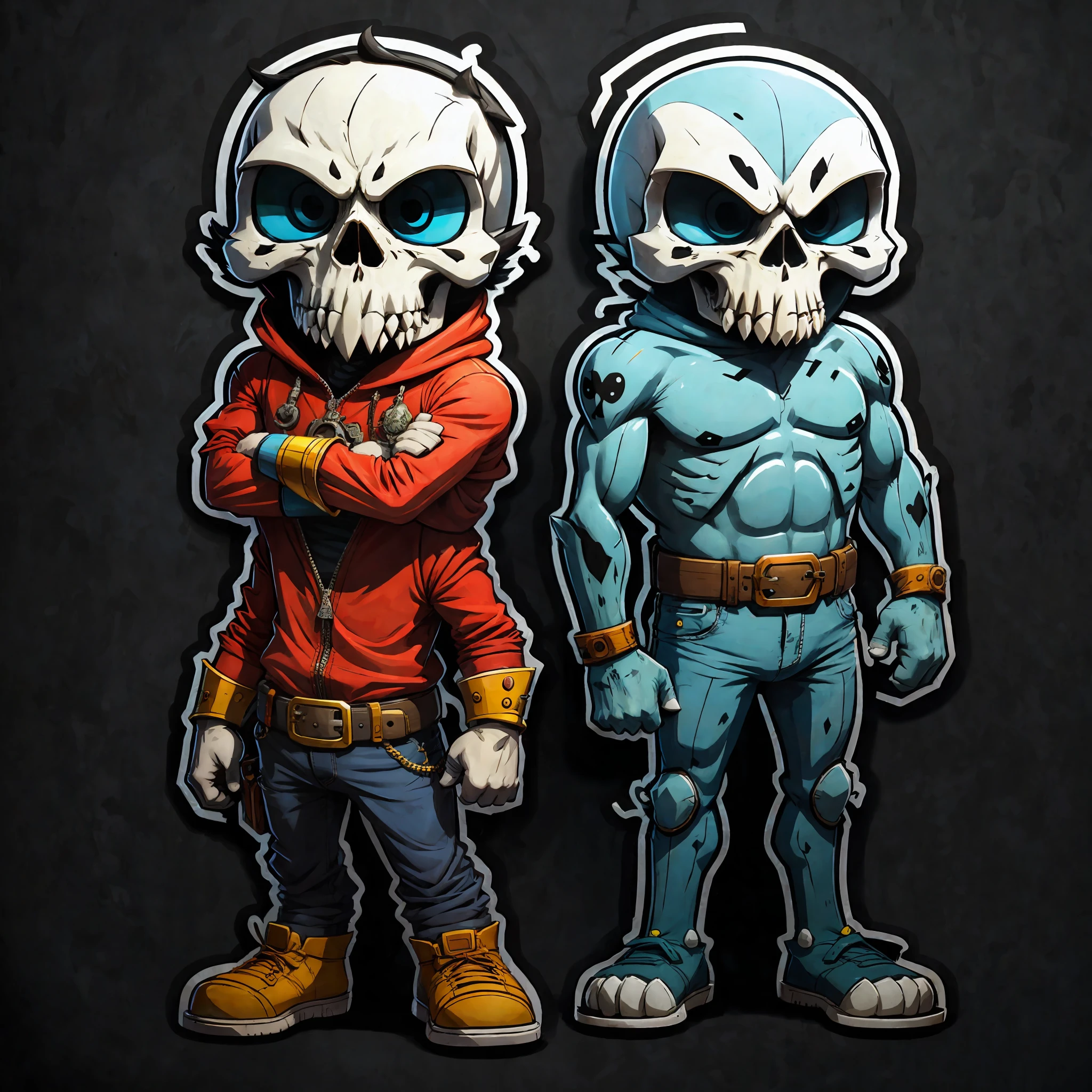 STICKER, a cartoonish character in the full body of an evil skull head,