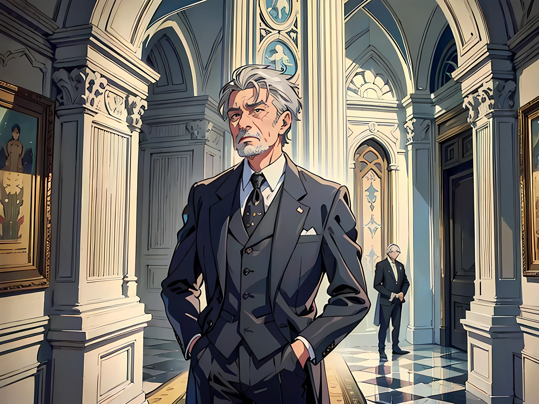 1 old man, man, gray hair, wrinkles, black suit, gorgeous costume, standing inside the palace, runny nose, tears, The background is a luxurious palace