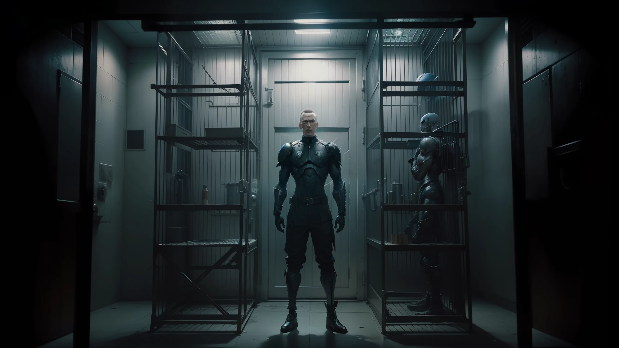 arafed man standing in a jail cell with a caged door, die antwoord music video, still from the movie saw, movie still of cyborg, still from a music video, still from alita, altered carbon, movie still of aztec cyborg, leather clothes under the armor, dark taint :: athletic, movie still of a alien cyborg, cage --auto --s2