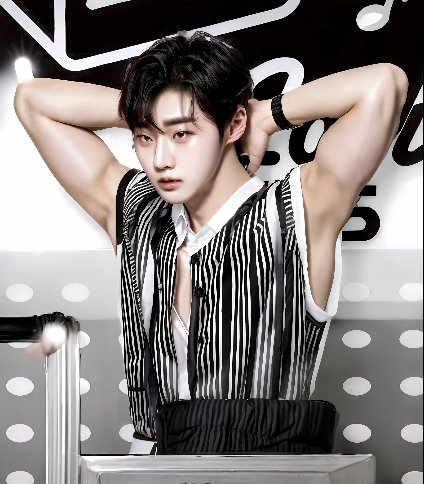 arafed male in a black and white striped shirt and tie, cai xukun, kim doyoung, jung jaehyun, taejune kim, jia, hsiao-ron, xqc, delicate androgynous prince, jinyoung shin, hyung tae, kda, ten lee, yan gisuka, inspired by Bian Shoumin, open v chest clothes
