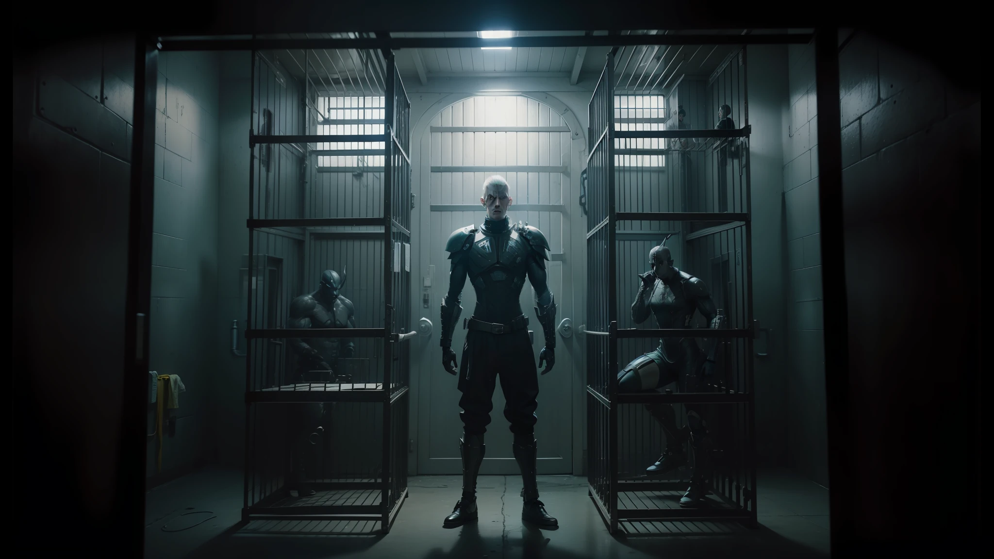 arafed man standing in a jail cell with a caged door, die antwoord music video, still from the movie saw, movie still of cyborg, still from a music video, still from alita, altered carbon, movie still of aztec cyborg, leather clothes under the armor, dark taint :: athletic, movie still of a alien cyborg, cage --auto --s2