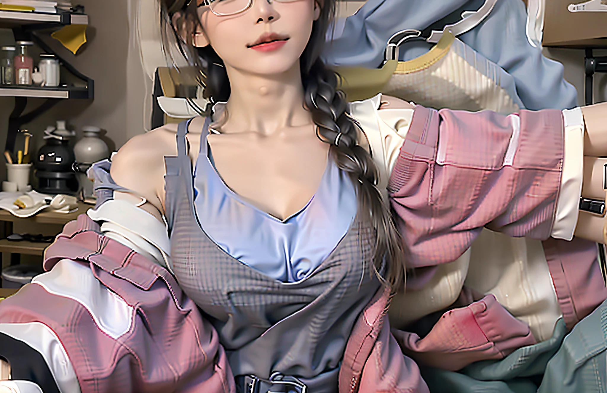 araffe asian woman with glasses sitting on a bed, with glasses, open v chest clothes, cleavage, with glasses on, wearing bra, korean girl, 2 , wearing a low cut tanktop, seductively looking in front, low cut top, wearing white v - neck top, generous cleavage open jacket, 21 years old