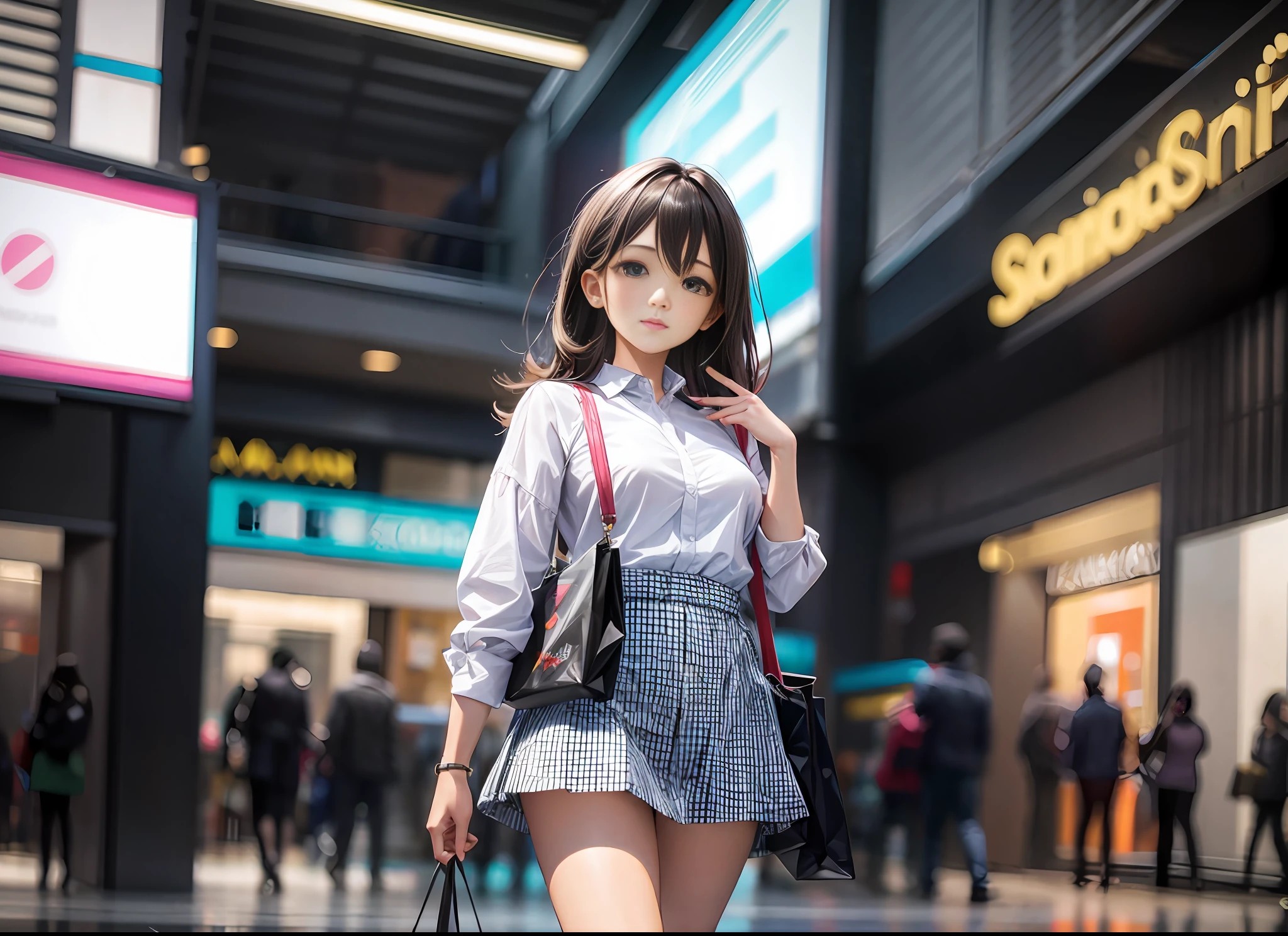 A modern shopping mall. Girl wearing stylish clothes, handheld shopping bag, 85mm lens, Canon camera shot, background blur, composition in the play