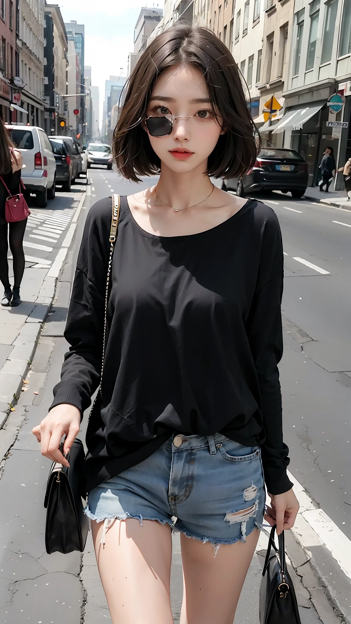 Beautiful woman, fiddling with cell phone in the middle of the street, short clothes