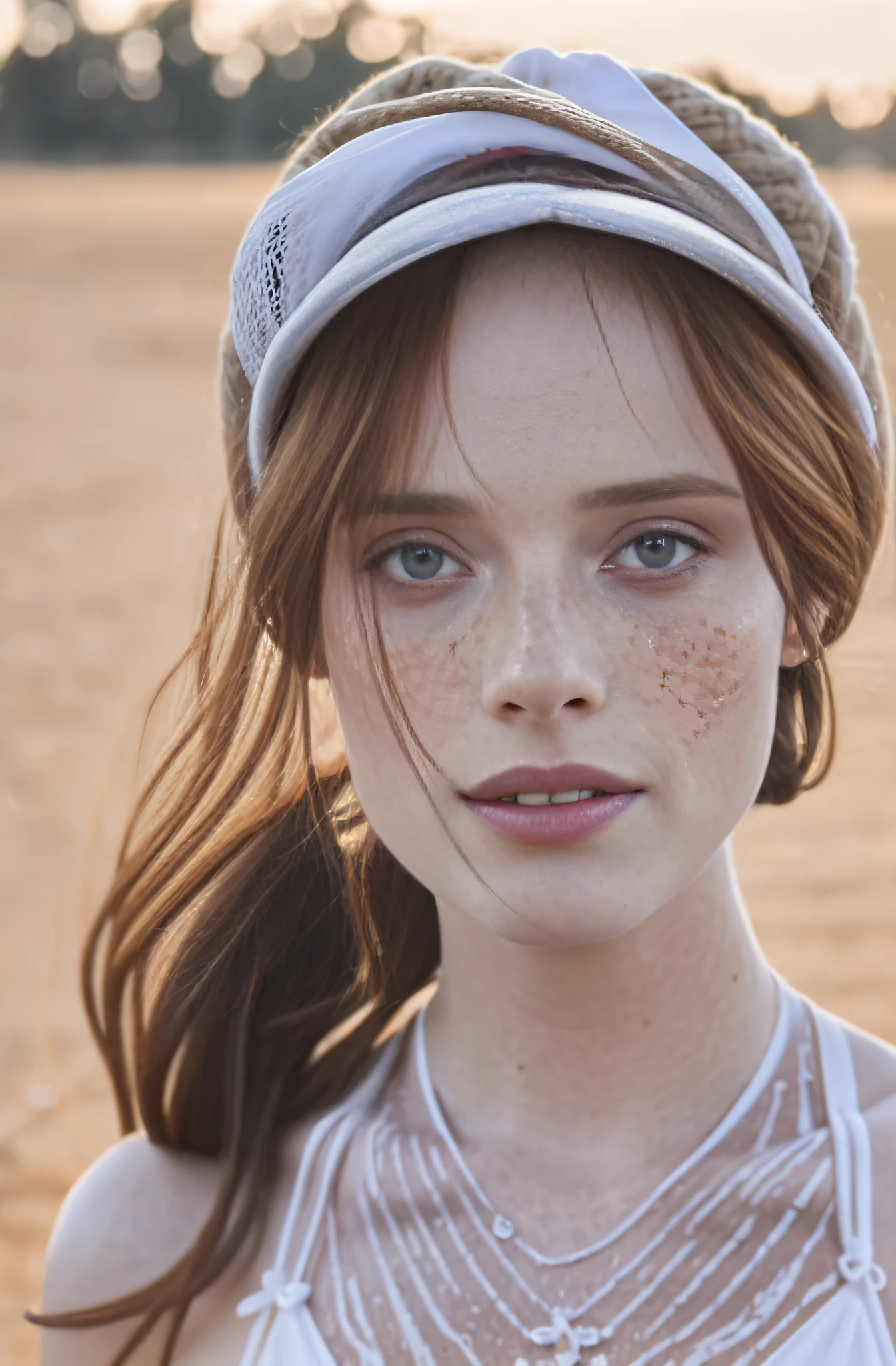 Detailed and realistic photography of a woman with freckles, round eyes and long messy ponytail, baseball cap, dawn light, sunglow, sunburst, hazy morning, alexis bledel, innocent, wearing white lingerie skin texture, chapped lips, dramatic natural lighting, portrait photography, 85mm lens, magical photography, dramatic lighting, photo realism, ultra-detailed, Cinestill 800T