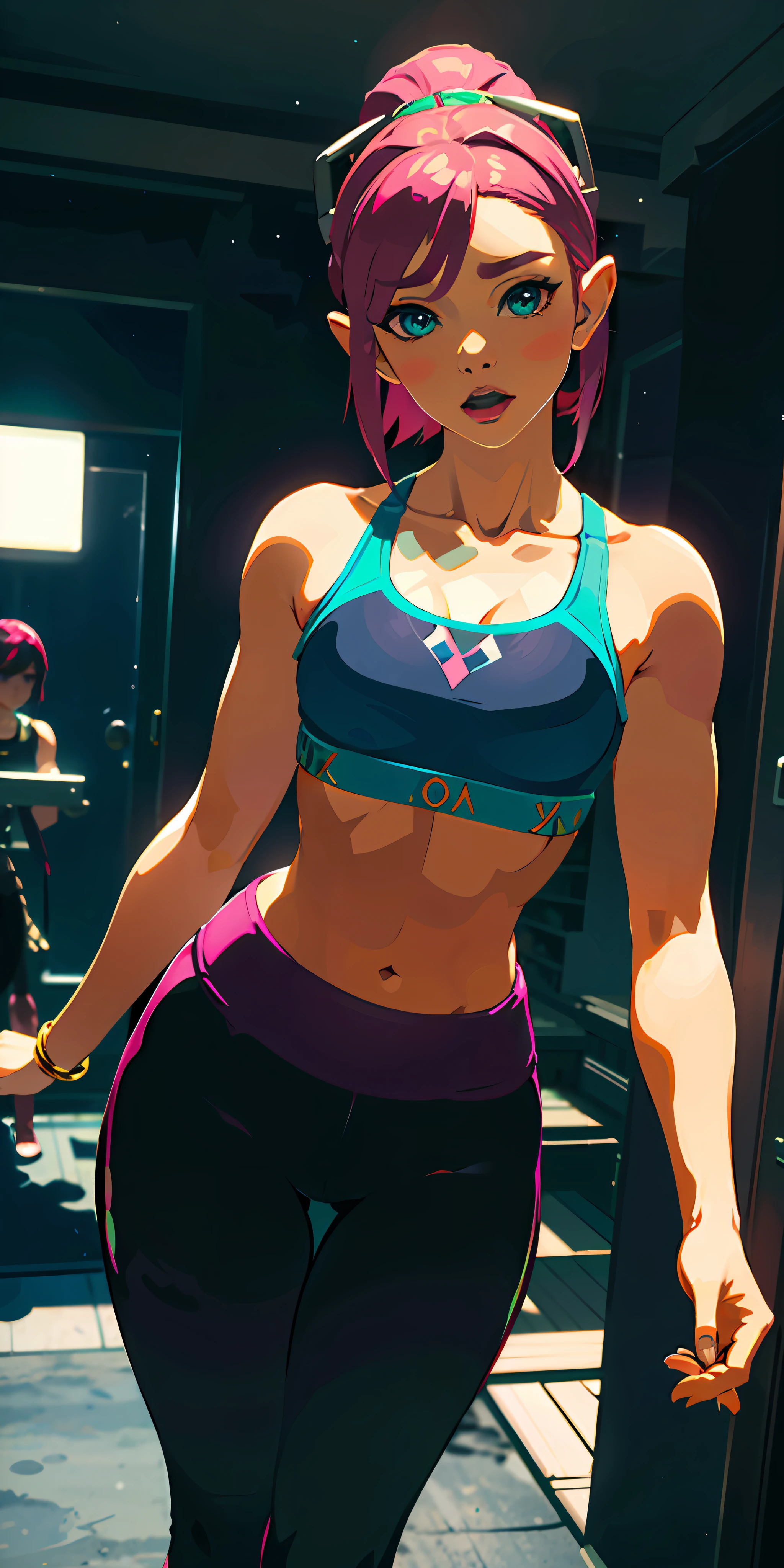 one girl, standing, gray sleeveless underwaist, pink leggings, headphone, best quality, photo-realistic: 1.37, ultra high res, masterpiece, cinema light, gym, blush, curvy, short hair, dark blue hairs, aqua eyes, low angle, heavy eye makeup, white teeth, slight open mouth, two-tone hair, streaked hair, purple hair, turned around body, Kpop idol, blue veins, cleavage, small breast, seductive pose