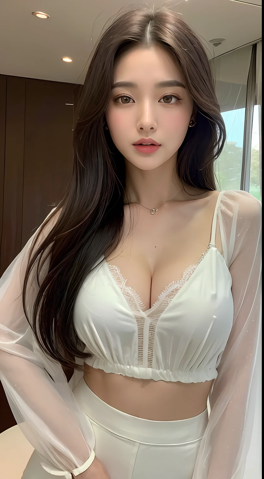 Lackle Preet, Hot Adult Korean Woman, Hair Wild and Messy, Focused Eyes, Shadows on the Face, Wide Angle, Sense of Lust, Transparent White Sally and Blouse, Full Front Body, Deep Cleavage, Medium, (Masterpiece: 1.3), (best_quality: 1.3), (ultra_detailed: 1.3), 8k, extremely_clear, Realism, (Ultra Real : 1.3), visible body