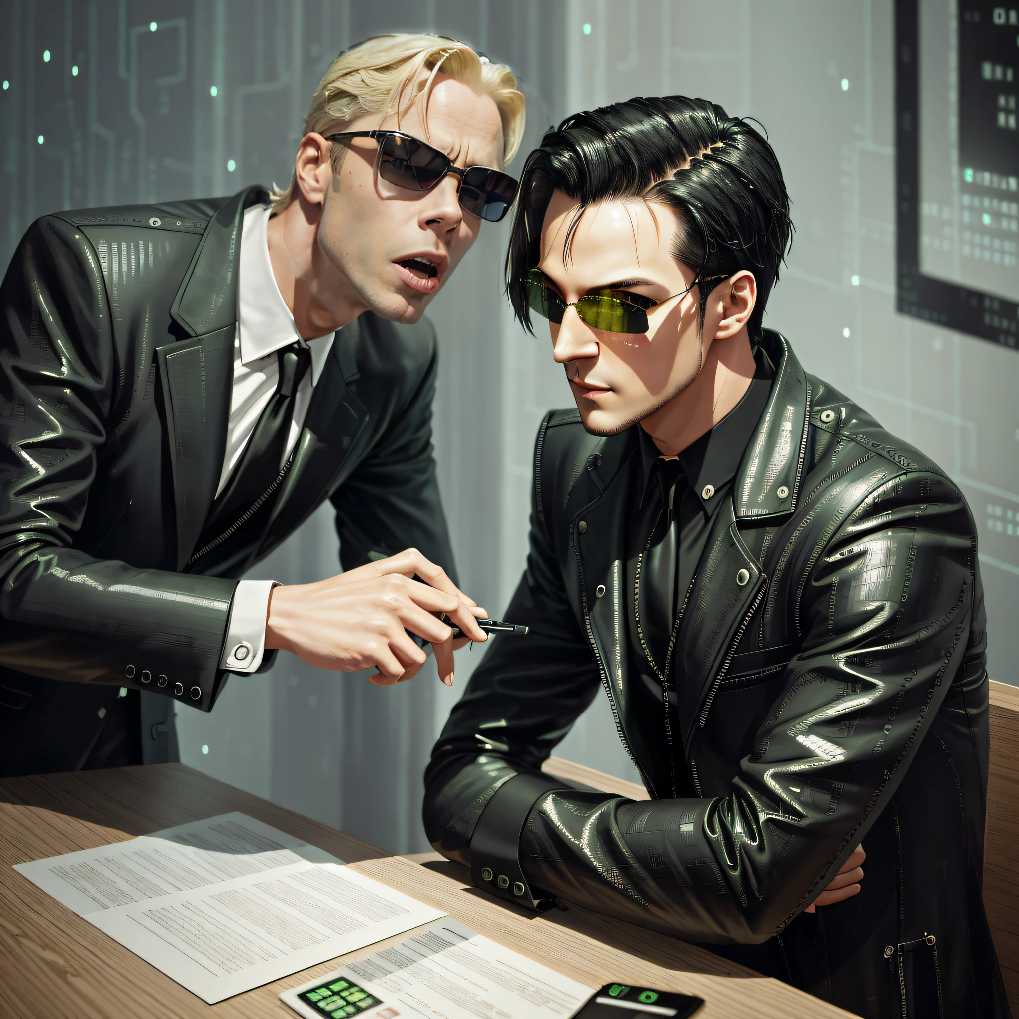 evil looking blond GUY PEARCE face, blond GUY PEARCE in a suit with square sunglasses close up, blond GUY PEARCE in a suit (yelling), blond GUY PEARCE in a suit with squared sunglasses, square sunglasses, (((yelling)))