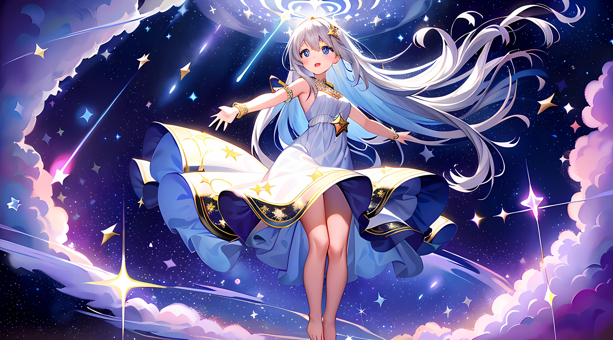 Masterpiece, (Best Quality), (1 Girl), Solo, (High Contrast: 1.2), 1 girl, (16yo), dreamy, (innocent expression:1.2), mesmerizing eyes, (silver hair:1.1), long flowing hair, (star-shaped hairpin:0.8), (freckles:0.9), celestial glow, (flowing dress:1.3), (sparkling stars pattern:1.4), barefoot, (floating in mid-air:1.5), (arms stretched upwards:1.2), (gazing at the sky:1.3), night sky, (countless twinkling stars:1.4), (shooting star:1.2), moon, (soft clouds:1.1), (milky way:1.3), (cosmic backdrop:1.5), (mystical aura:1.4), (ethereal atmosphere:1.3), tranquility, (sense of wonder:1.2), (peaceful ambiance:1.1),
