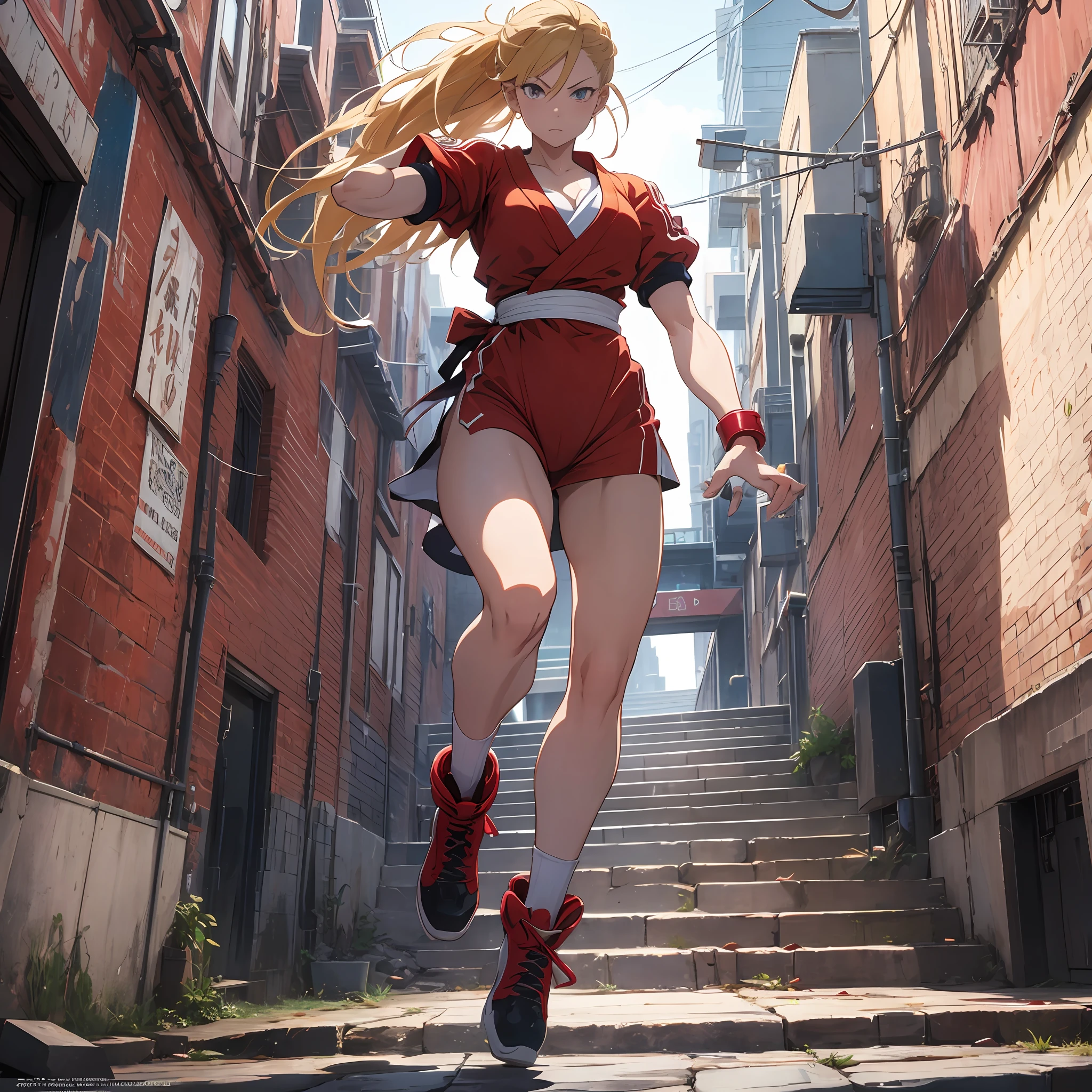 Street Fighter characters, willing, Red practice clothes, Jump off your feet, blonde hair, serious, Surrealism, anime, anime style, depth of field, cinematic lighting, UHD, masterpiece, ccurate, 8k, high details --auto --s2