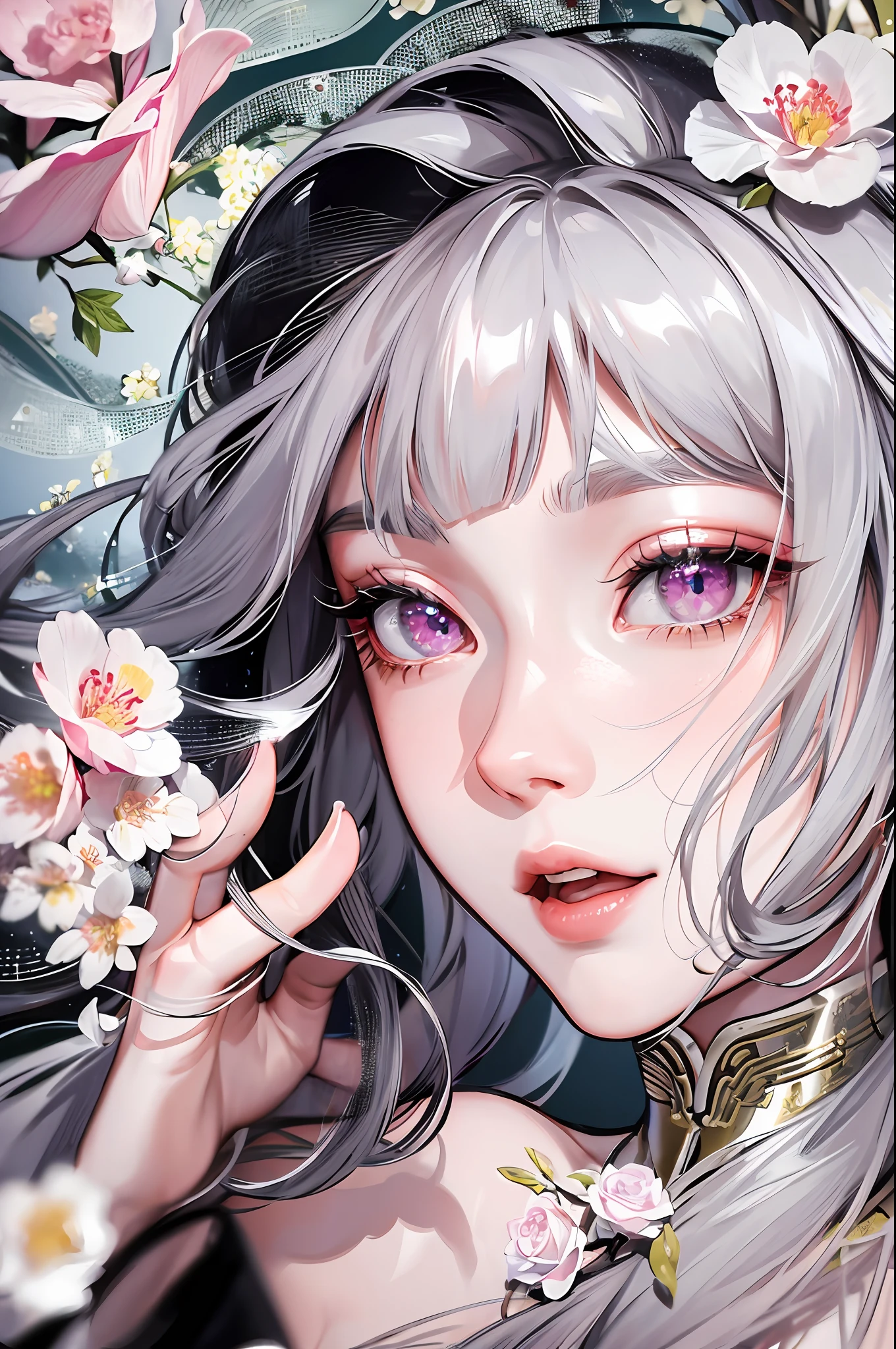 8K masterpiece superb night full moon 1 female Chinese style Chinese architecture mature woman sister silver white long hair woman long hair light pink lips calm rational bangs gray pupil broken flower background, petals dancing, delicate face, delicate hands, close-up