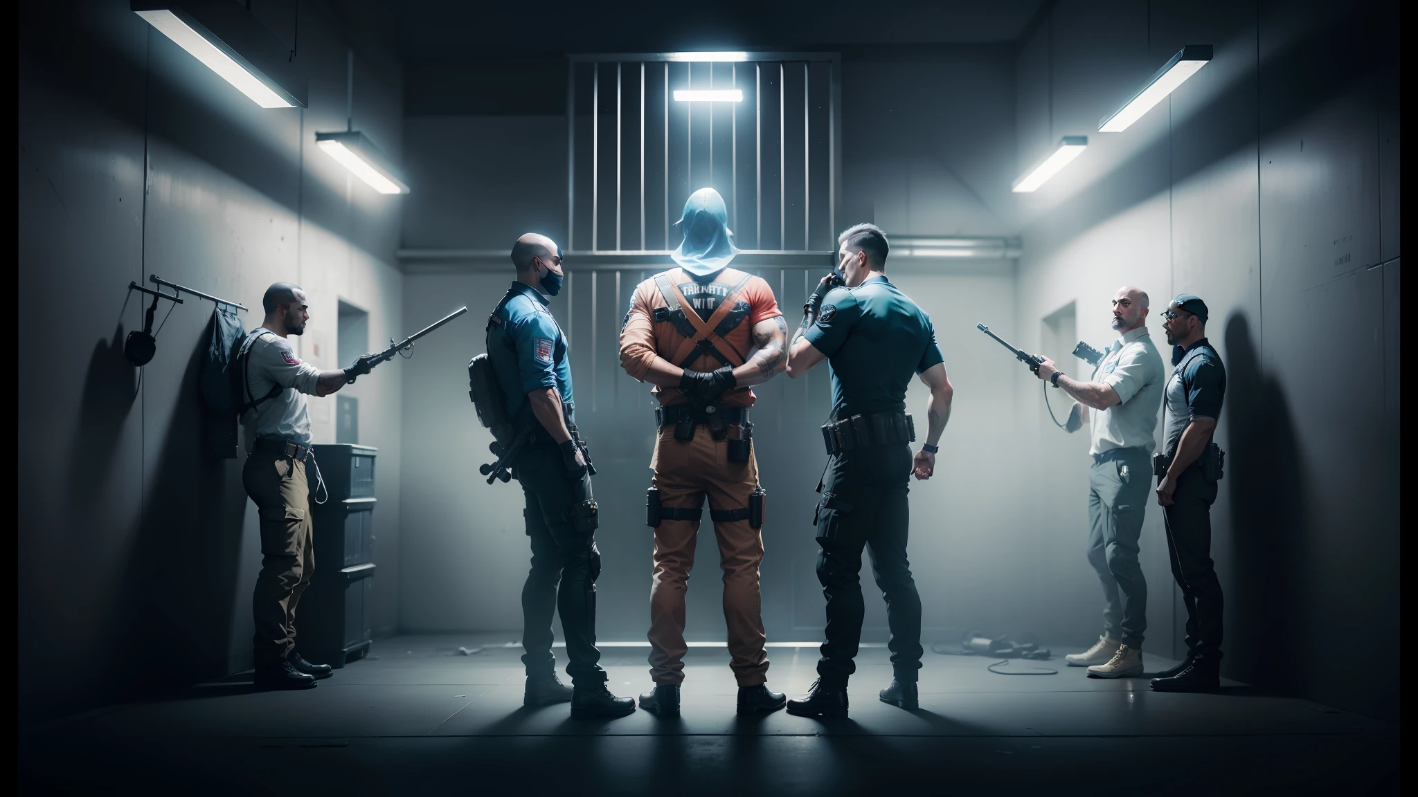 three men in prison uniforms stand in a dimly lit room, cinematic cgsociety, payday 2, cgsociety 9, detailed cinematic photography, arkham, by Richard Kane Ferguson, photorealistic dark concept art, riot entertainment realistic, hyperrealistic fantasy art, prison scene, promotional images, prison background, arkham city, game cg, cinematic keyframe, promo image --auto --s2