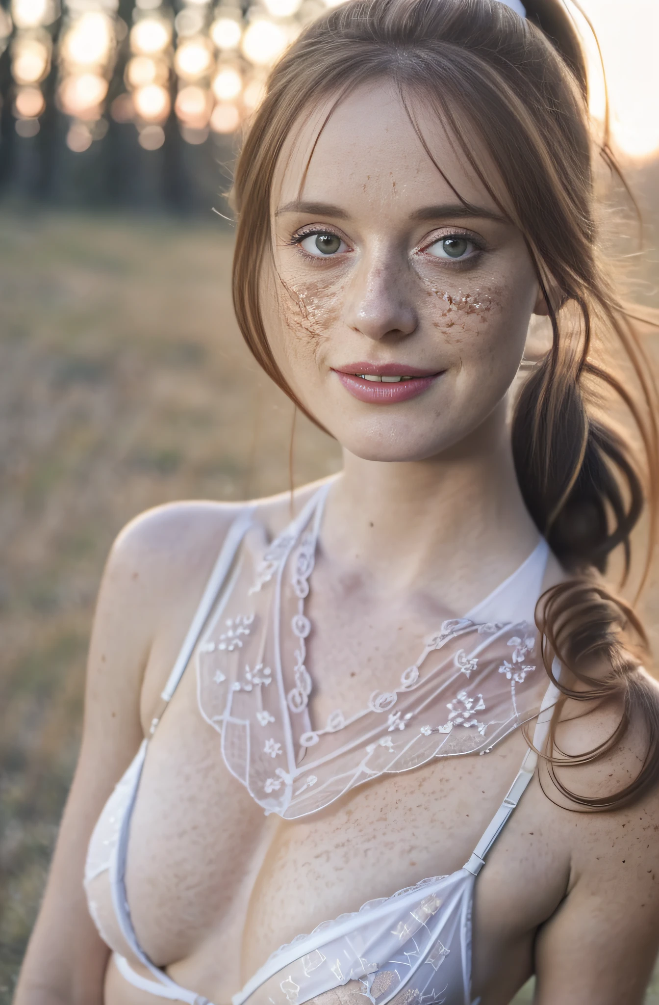 Detailed and realistic photography of a woman with freckles, upper body, cleavage, big breast, round eyes and long messy ponytail, dawn light, sunglow, sunburst, hazy morning, alexis bledel, innocent, wearing white lingerie skin texture, chapped lips, dramatic natural lighting, portrait photography, 85mm lens, magical photography, dramatic lighting, photo realism, ultra-detailed, Cinestill 800T