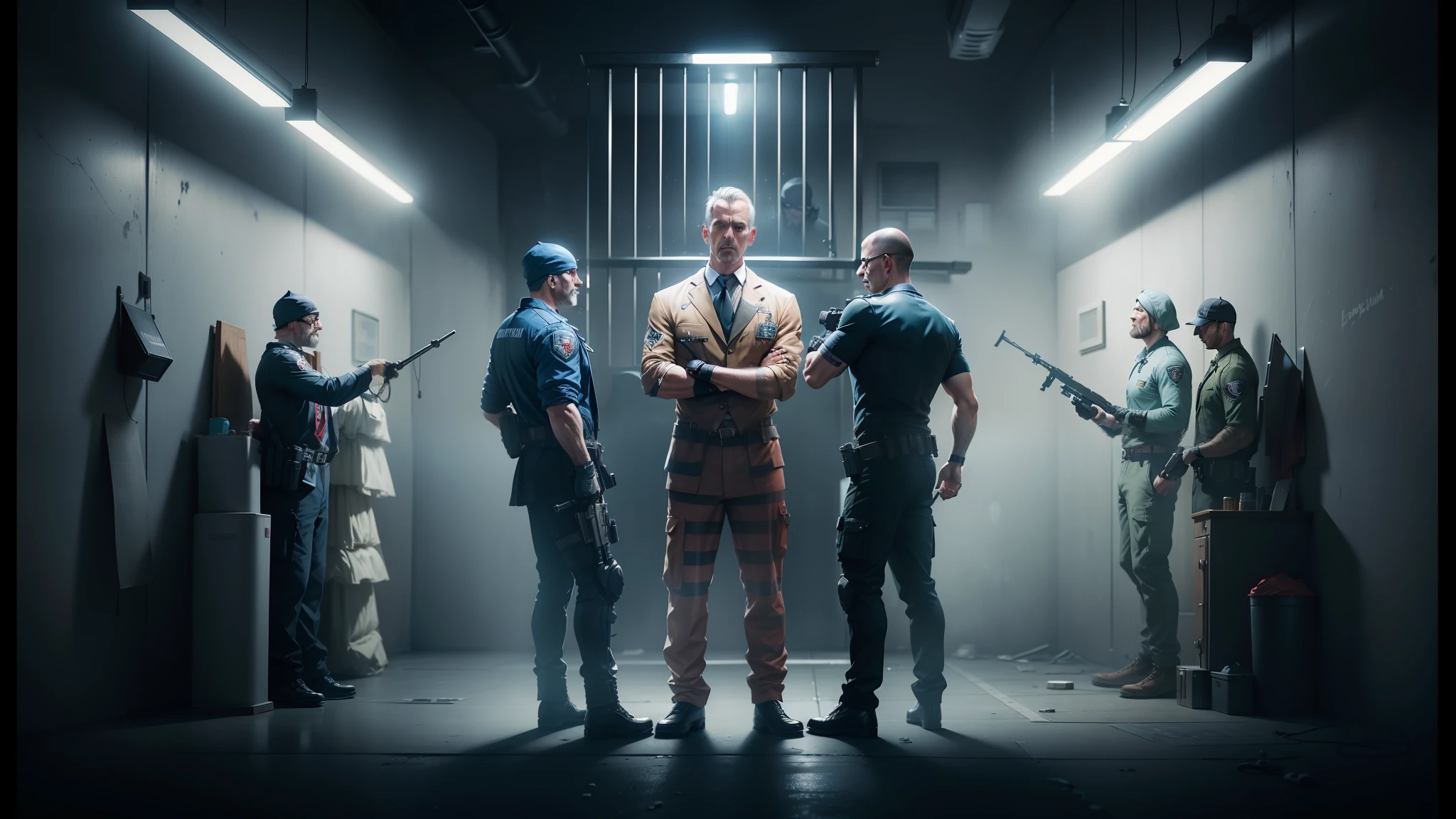 three men in prison uniforms stand in a dimly lit room, cinematic cgsociety, payday 2, cgsociety 9, detailed cinematic photography, arkham, by Richard Kane Ferguson, photorealistic dark concept art, riot entertainment realistic, hyperrealistic fantasy art, prison scene, promotional images, prison background, arkham city, game cg, cinematic keyframe, promo image --auto --s2
