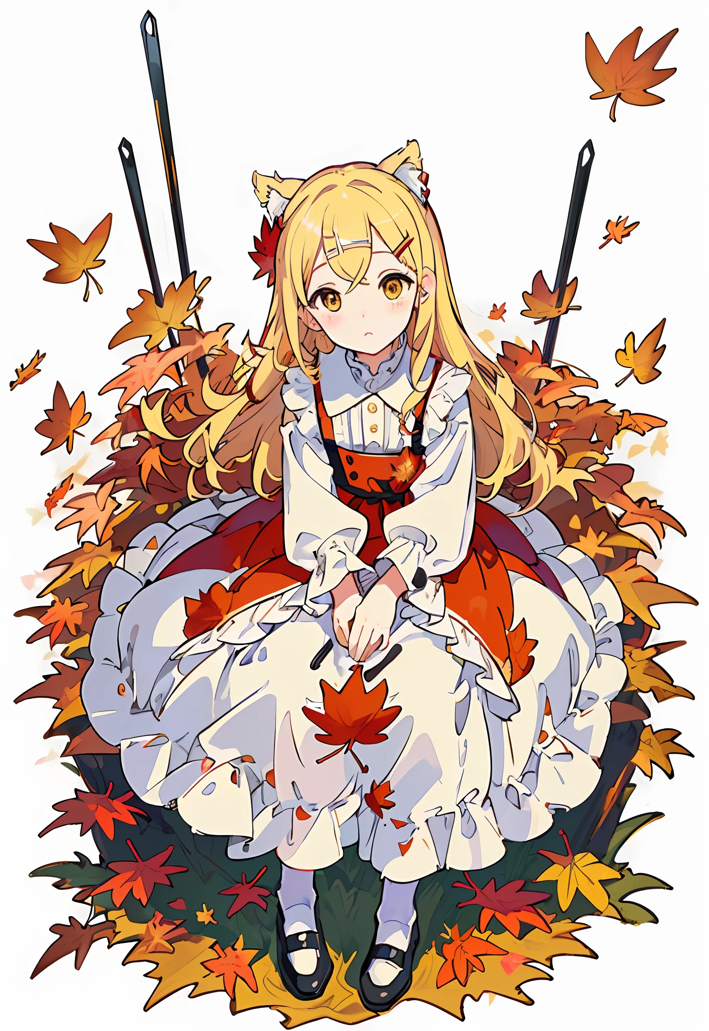 Masterpiece, best quality, amazing, intricate and refined details, very detailed cute illustrations, very detailed cute wallpapers, high resolution illustrations, looking up, white background, full body,
Solo, (children: 1.3), (cute: 1.0), beautiful cute eyes, extremely cute face, long blonde hair, yellow eyes, (beautiful details eyes: 1.2), flat chest, (aki_shizuha: 1.3), sitting, white_frilled_blouse, upper_body, cat ears, (wet clothes: 1.3),
(cute red dress: 1.4), blonde hair, maple_leaves, socks, shoes, cute movements, cute expressions, (arms behind back: 1.1), (maple_ leaf_hairpin:1.4),