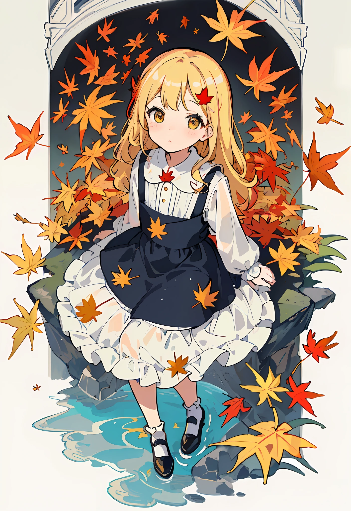Masterpiece, best quality, amazing, intricate and refined details, very detailed cute illustrations, very detailed cute wallpapers, high resolution illustrations, looking up, white background, full body,
Solo, (children: 1.3), (cute: 1.0), beautiful cute eyes, extremely cute face, long blonde hair, yellow eyes, (beautiful details eyes: 1.2), flat chest, (aki_shizuha: 1.3), sitting, white_frilled_blouse, upper_body, cat ears, (wet clothes: 1.3),
(cute red dress: 1.4), blonde hair, maple_leaves, socks, shoes, cute movements, cute expressions, (arms behind back: 1.1), (maple_ leaf_hairpin:1.4),