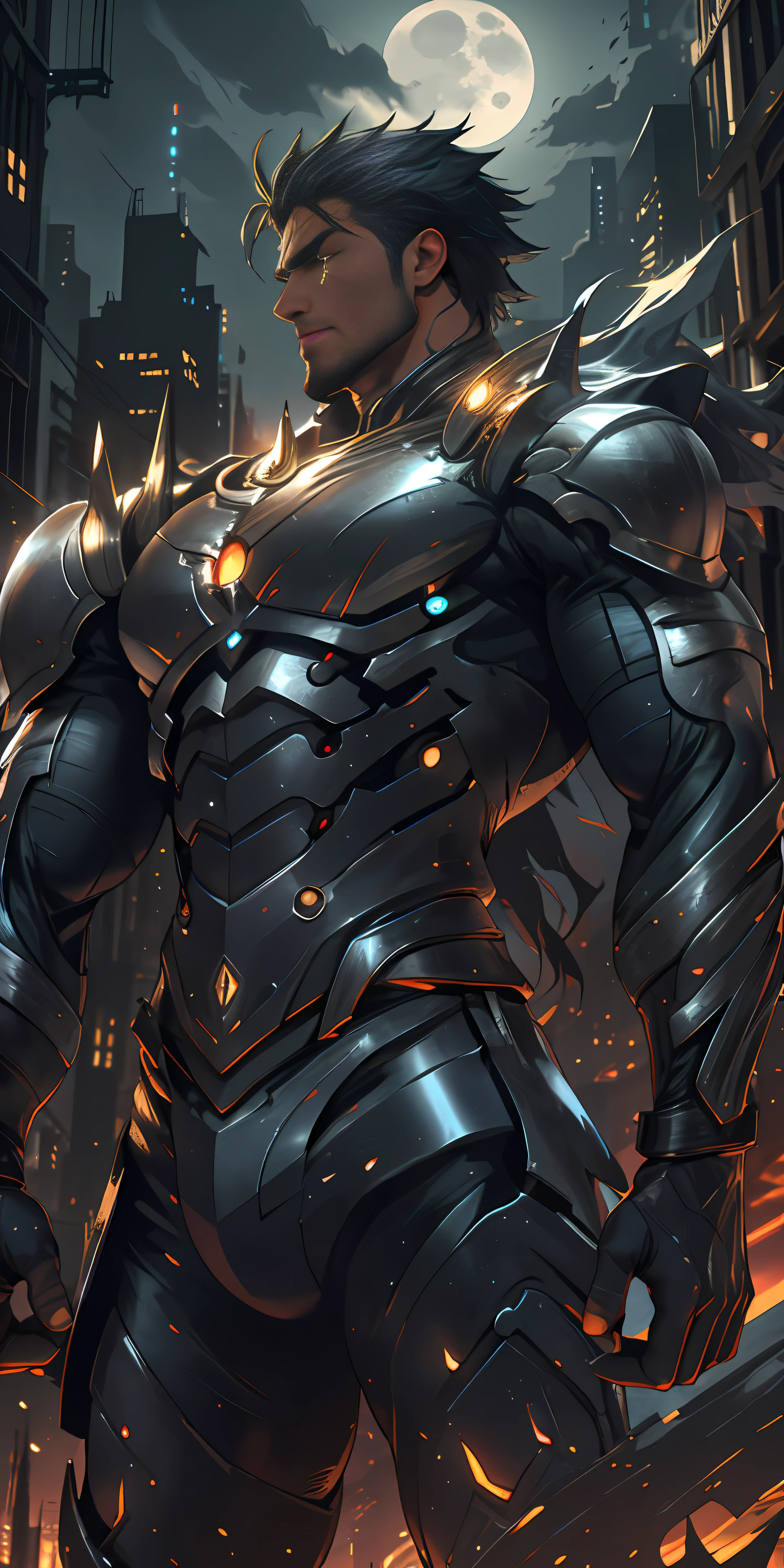 A close up of a man in armor standing in front of a city - SeaArt AI