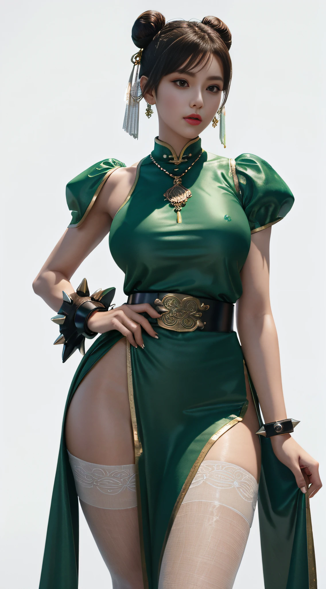 ((Pure White Space Background: 1.8)),((Studio Lighting: 1.8))(Extremely detailed CG Unity 8k wallpaper, masterpiece, best quality, super detailed, best lighting, best shadow, dynamic angle, dynamic pose), (messy), (playful) 1 GIRL, CHUN-li, boots, bracelets, brown eyes, green hair, bun cover, green porcelain skirt, Chinese clothing. Crossover shoelaces, double bun, dress, bun, jewelry, belt, short hair, solo, spiked bracelet, nails, green dress, makeup, 1 female, 25 years old,, beautiful fingers, beautiful legs, beautiful figure, nose beautification, beautiful character design, perfect eyes, perfect face, jewelry), see-through, long legs, tall looking at the audience, hair accessories, necklace, shy, showy, (big breasts: 1.2), thick thighs 1.6)), ((green pelvic curtain: 1.6)) upper body, Floating skirt, correct anatomy, detailed garment texture, pantyhose, 3D, from below