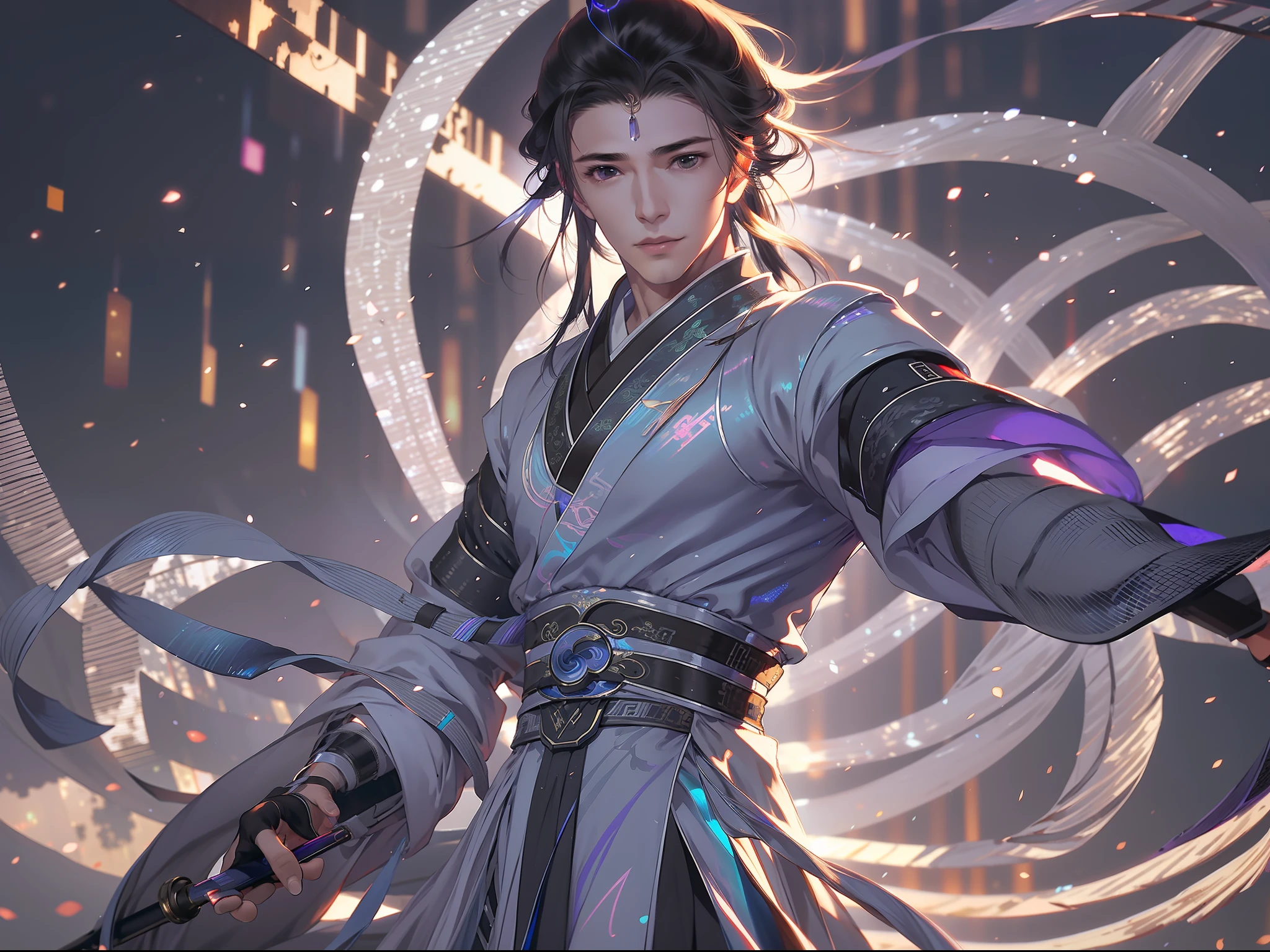 A handsome Chinese boy, half-body, fighting posture, sharp eyes, clear facial features, wearing Hanfu, body surrounded by black and purple mist, runes around, holographic reality, holographic halo, motion blur, game light effects, edge light, soft light, movie edge light, delicate light