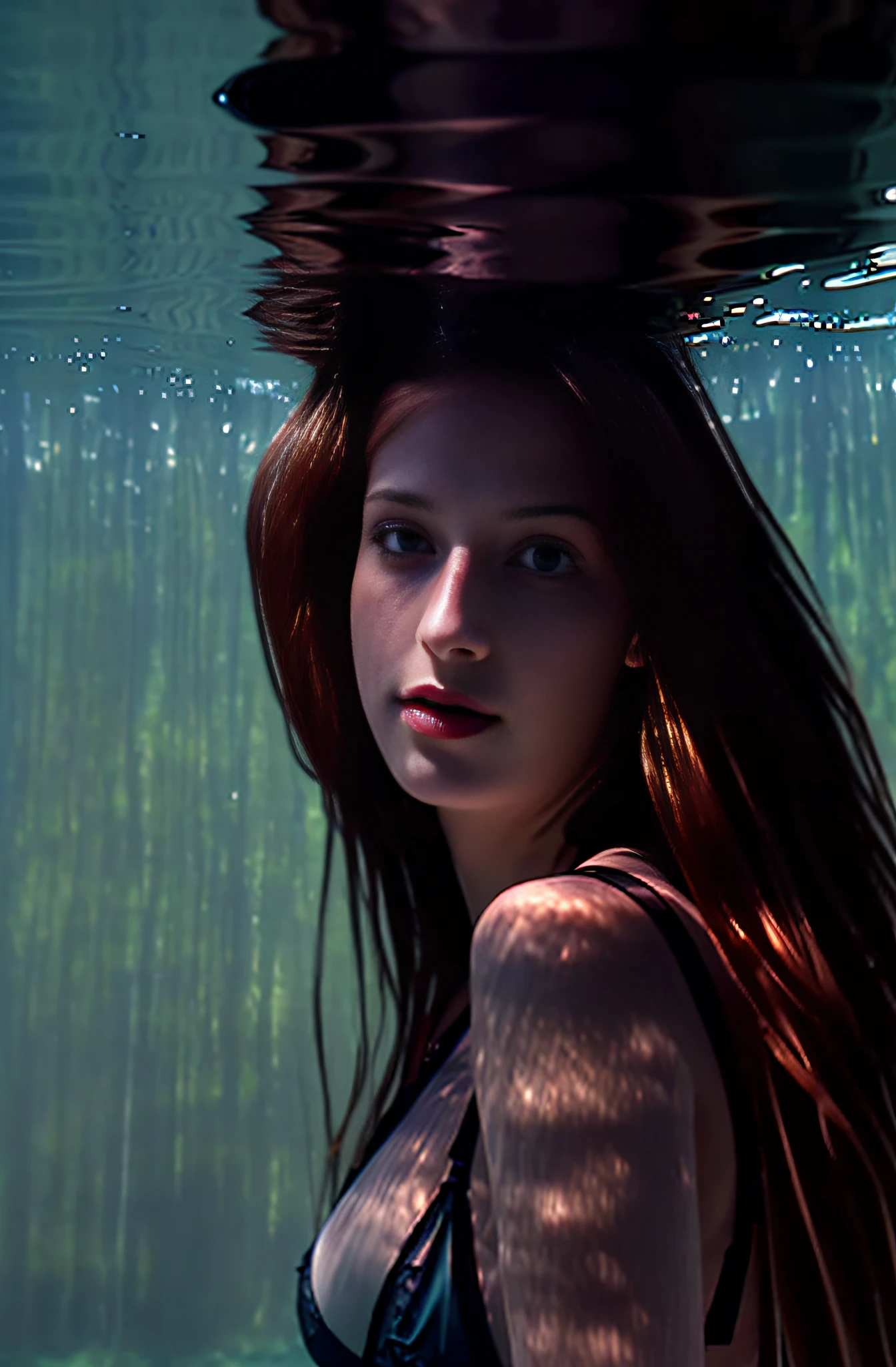  twentytwo year old ginger woman in lace lingerie, long messy hair, beautiful  woman, candid photograph, (dramatically lit underwater lake:1.3), (dark shot:1.7), photo-realistic, (film grain:1.4), (masterpiece:1.2), sharp image, analog style, award winning photo, best quality,(shot with kodak 400:1.3), sharp,skin pores, (sunkissed freckles on face:0.6), (shot on Fujifilm X-T4:1.2), angular jawline, high cheekbones, large dull hazel eyes, ( film imperfections:1.2)