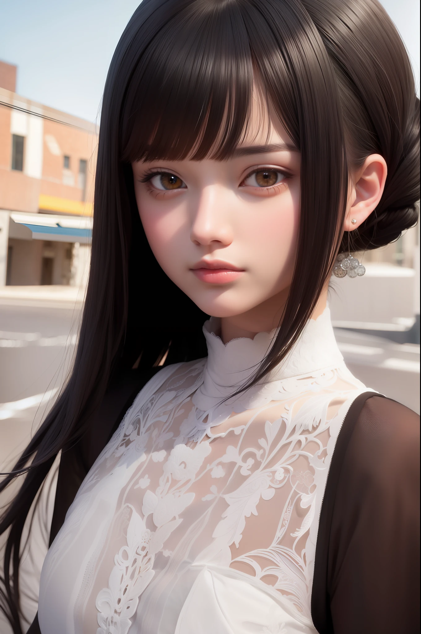 top quality, masterpiece, (realism: 5.0), girl one, black hair, brown eyes, frontal, detailed face, beautiful eyes, urban