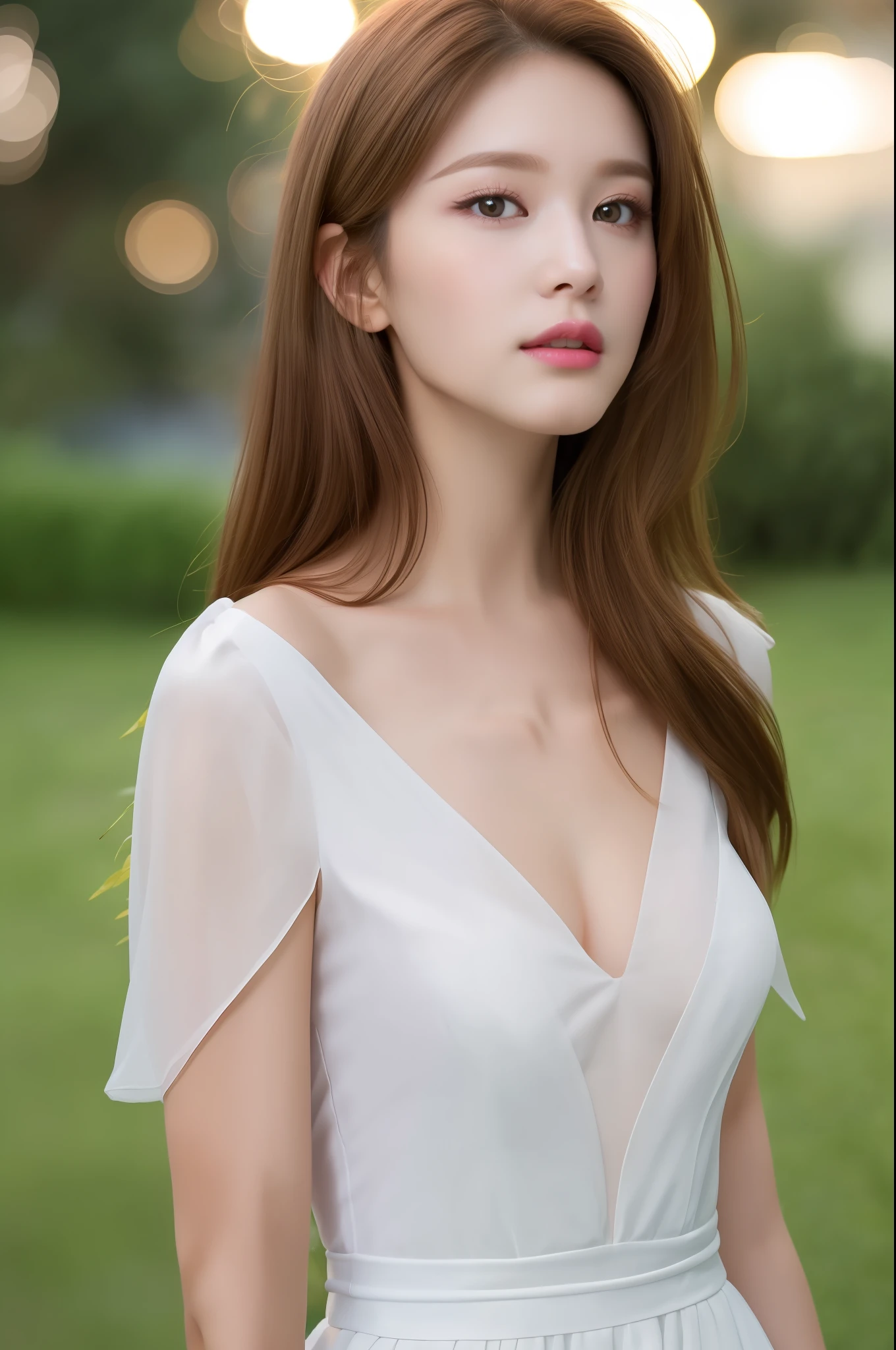 upper-body photo of a girl, (Perfect beauty:1.4), (Slim abs), ((LIGHT brown hair)), 
sexy collarbone, oval face, double eyelids, smart peach blossom eyes, pink lips, small nose, 
Strapless(White(Deep V-Neck:1.2)Short Dress), (Outdoor, Night:1.1), Park view, Super fine face, Fine eyes, Double eyelids,
(Clear focus), ((Realistic lighting, Best quality, 8K, Masterpiece: 1.3)),