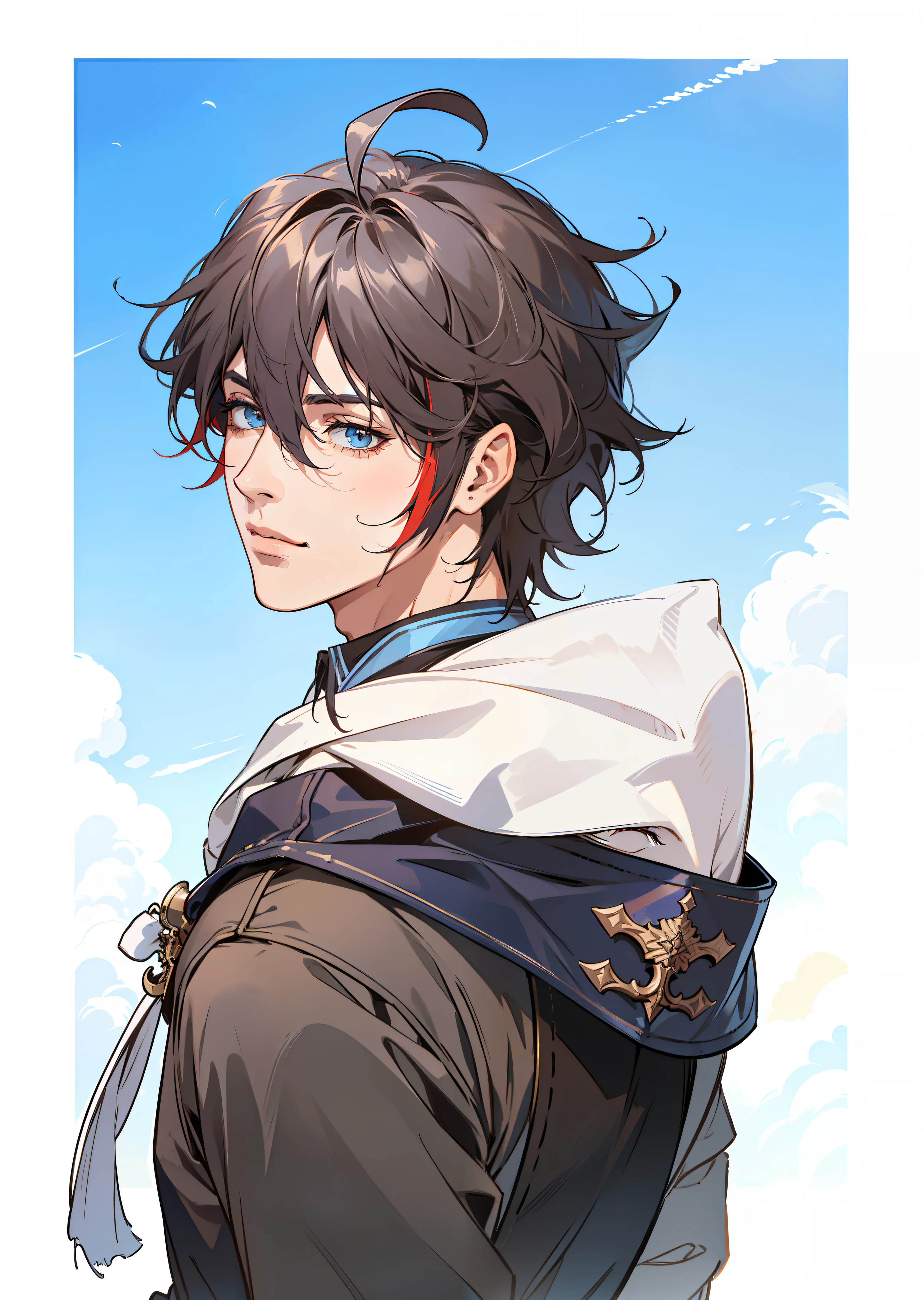 (absurdres, highres, ultra detailed), 1 male, handsome, tall muscular boy, short hair, 1 red lock of hair, best light and shadow, background is blue sky, detasiled sunlight, sitting, dappled sunlight, day, depth of field, plants, summer, (dutch angle), closed mouth