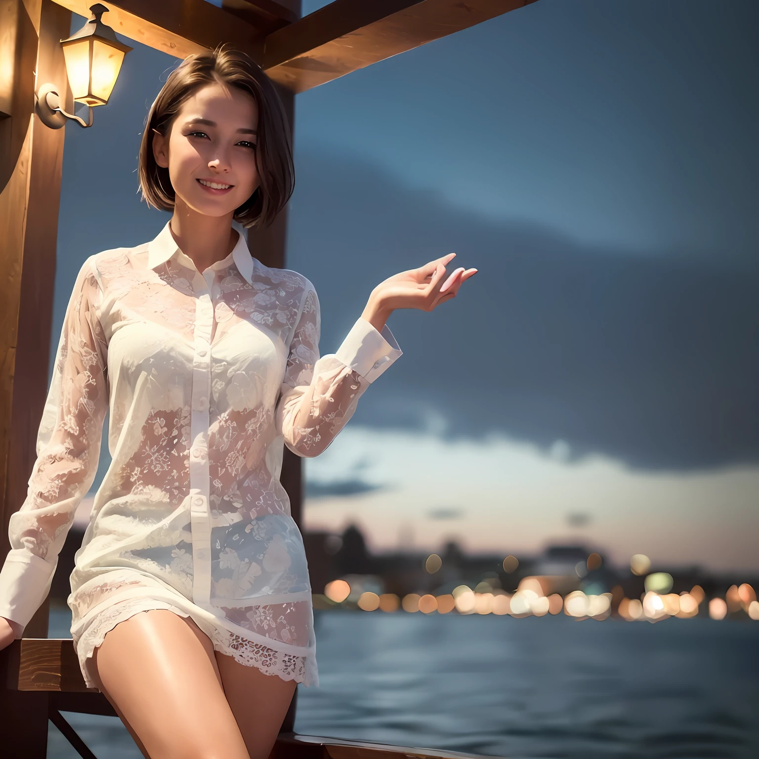 (8k, Best Quality, Masterpiece:1.2), (Realistic, Photorealistic:1.37), Ultra Detailed, 1 Girl,Solo,Beautiful Detailed Sky,Detailed Cafe,Night,Sitting,Date,(Reddens Nose),(Smile:1.15),(Closed Mouth)Small,Beautiful Fine Eyes,(Shirt:1.1),Night,Wet,Rain,White Lace,(Short Hair:1.2),Floating Hair NovaFrogStyle,Full Body,y,Cute