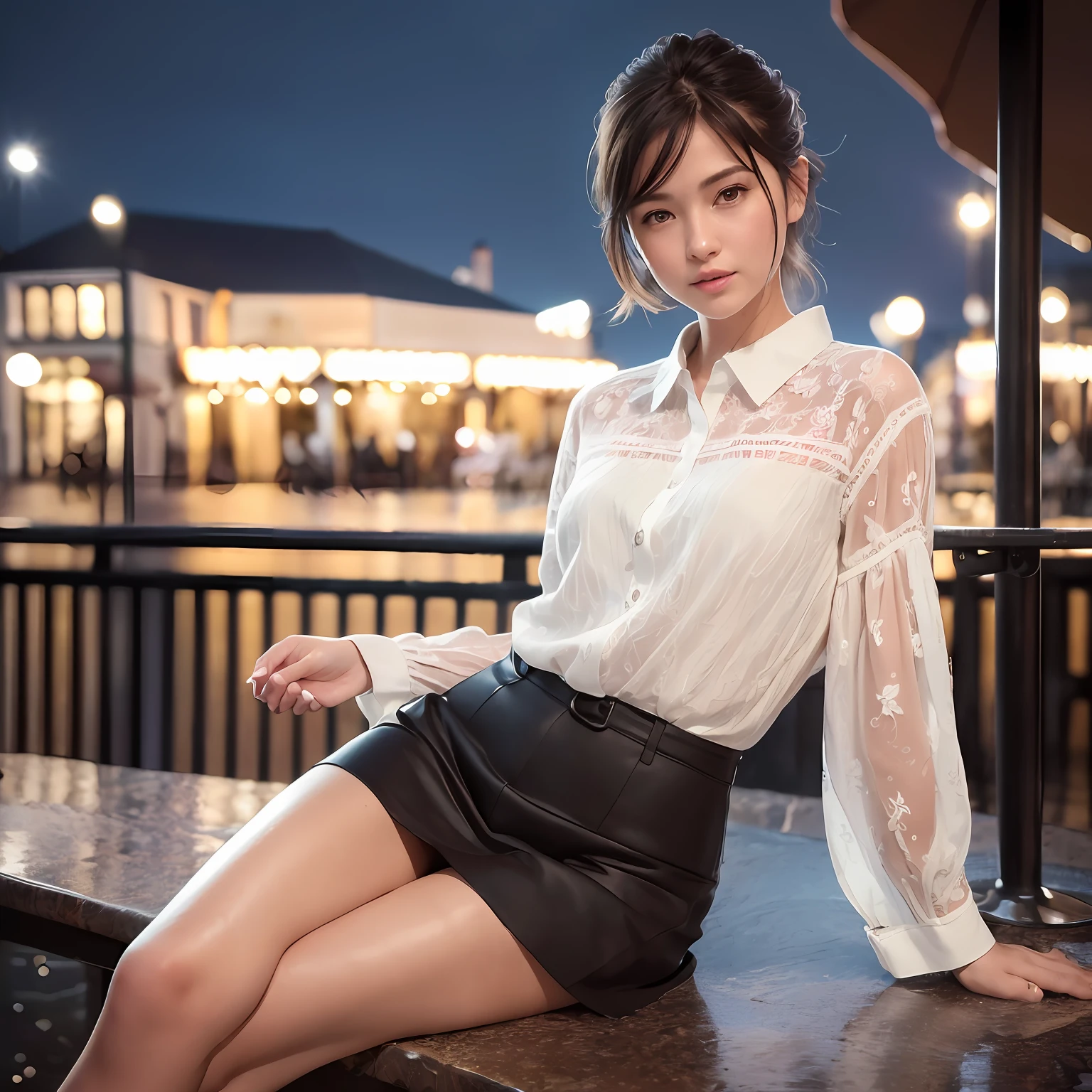 (8k, Best Quality, Masterpiece:1.2), (Realistic, Photorealistic:1.37), Ultra Detailed, 1 Girl,Solo,Beautiful Detailed Sky,Detailed Cafe,Night,Sitting,Date,(Reddens Nose),(Smile:1.15),(Closed Mouth)Small,Beautiful Fine Eyes,(Shirt:1.1),Night,Wet,Rain,White Lace,(Short Hair:1.2),Floating Hair NovaFrogStyle,Full Body,Sexy,Cute