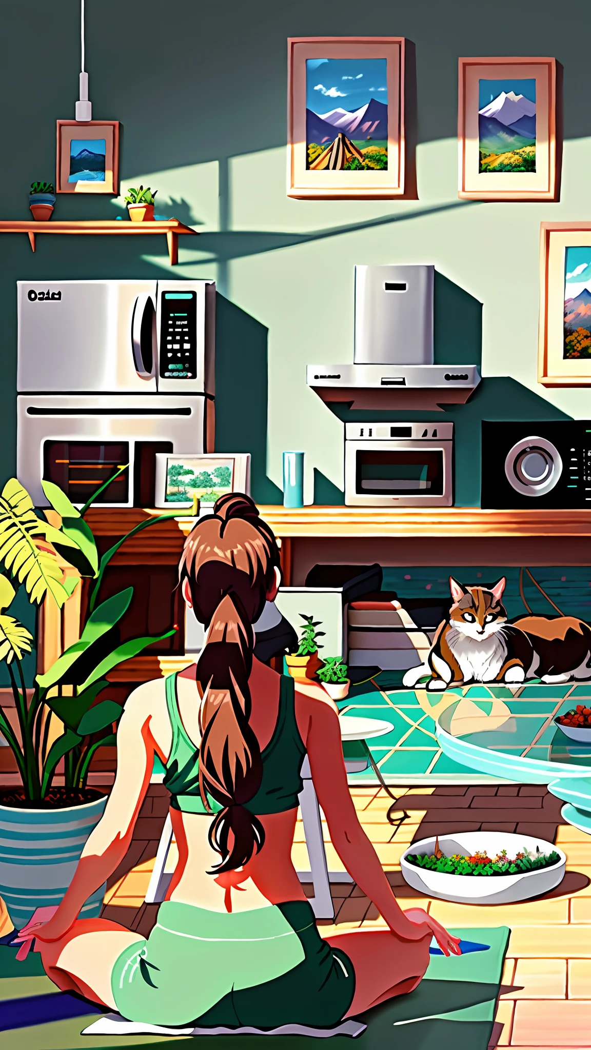 ((Woman in front, woman facing the camera)), young beautiful woman sitting on mat practicing yoga, woman facing the camera, looking at the camera, smiling, delicate face, yoga pose, sitting posture, yoga meditation pose, sitting cross-legged, perfect dynamic pose, cat on the sofa, in the room, refrigerator, hood, sweeping robot, potted plants, plants, table, microwave donkey, baked high detail, super detail, super high resolution, award-winning work, masterpiece, anime background art, Japanese art style, beautiful anime landscape, fantastic, beautiful artwork illustration, landscape art detail, landscape artwork, beautiful anime scene, anime landscape, high quality detail art, anime landscape concept art, beautiful scene