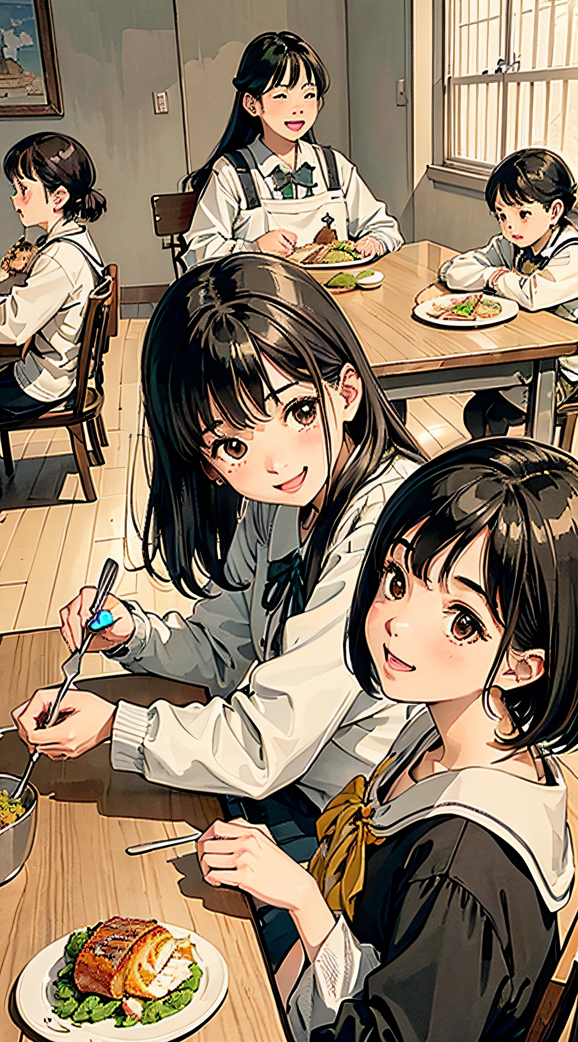 1 girl, black hair, sitting at a dining table, preparing to have lunch, surrounded by many other children who are also eating, (hair color: black), (age: child), (setting: study house), (time: noon), (background: study materials, books), (atmosphere: lively), (interactions: children chatting and eating together), (mealtime: communal), (sense of community: shared space), (clothing: casual), (details: plates, utensils), (expression: anticipation), (mood: cheerful), (composition: centered), (lighting: natural), (ambience: cozy), (context: educational environment), (positive energy: camaraderie among peers), (appreciation: bonding over meals), (joyful atmosphere: carefree laughter), (learning environment: fostering social interactions).