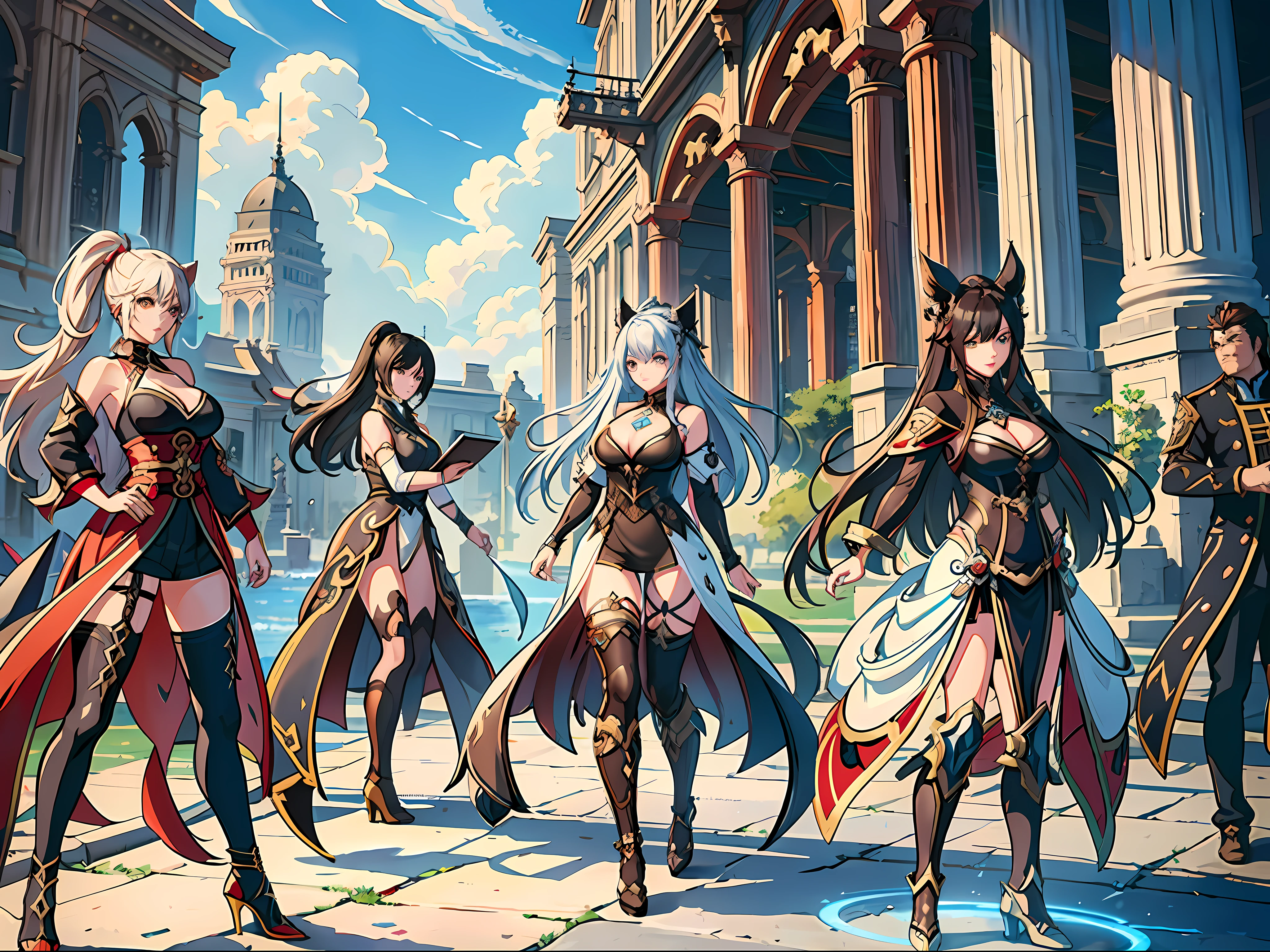 a group of people standing around a large circular object, lineage 2 revolution style, game cg, aion, from ncsoft, tekken 7, unreal engine render saint seiya, dynasty warriors, blade and soul, cgworld, from lineage 2, wanda, <mmorpgs scene, 王琛, mmo, dead or alive 6