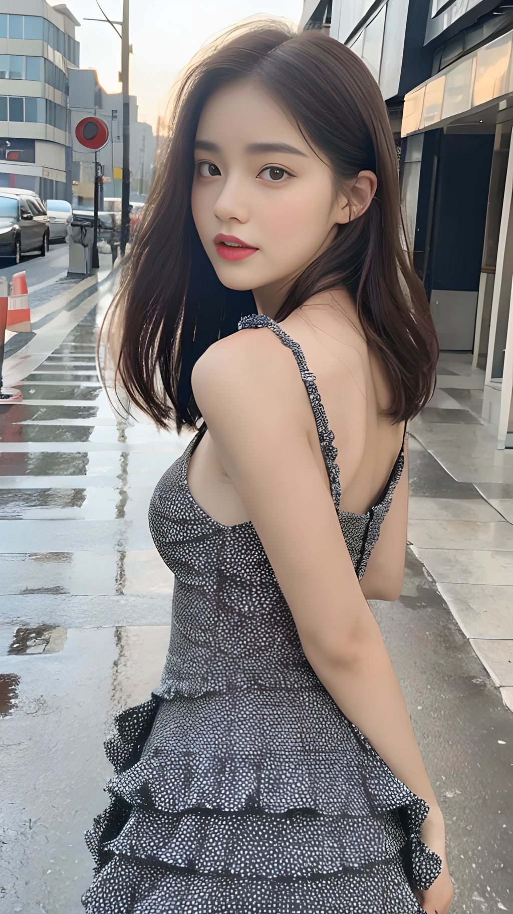 ((Best Quality, 8k, Masterpiece: 1.3)), Focus: 1.2, Perfect Body Beauty: 1.4, Buttocks: 1.2, (Layered Haircut: 1.2)), (Rain, Street:1.3), Highly detailed face and skin texture, Fine eyes, Double eyelids, Whitening skin, Long hair, (Round face: 1.5), sweet_ta