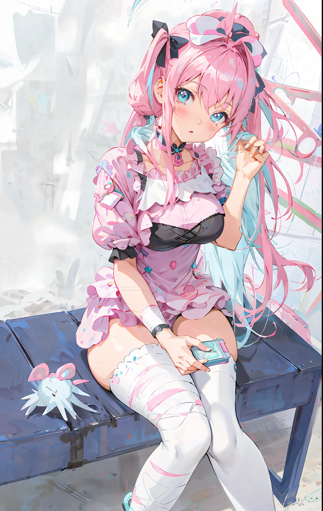anime girl with pink hair sitting on a blue bench, seductive anime girl, at pixiv, top rated on pixiv, pixiv, pink twintail hair and cyan eyes, nightcore, pixiv 3dcg, cute anime waifu in a nice dress, [ 4 k digital art ]!!, digital art on pixiv, anime girl, (anime girl)