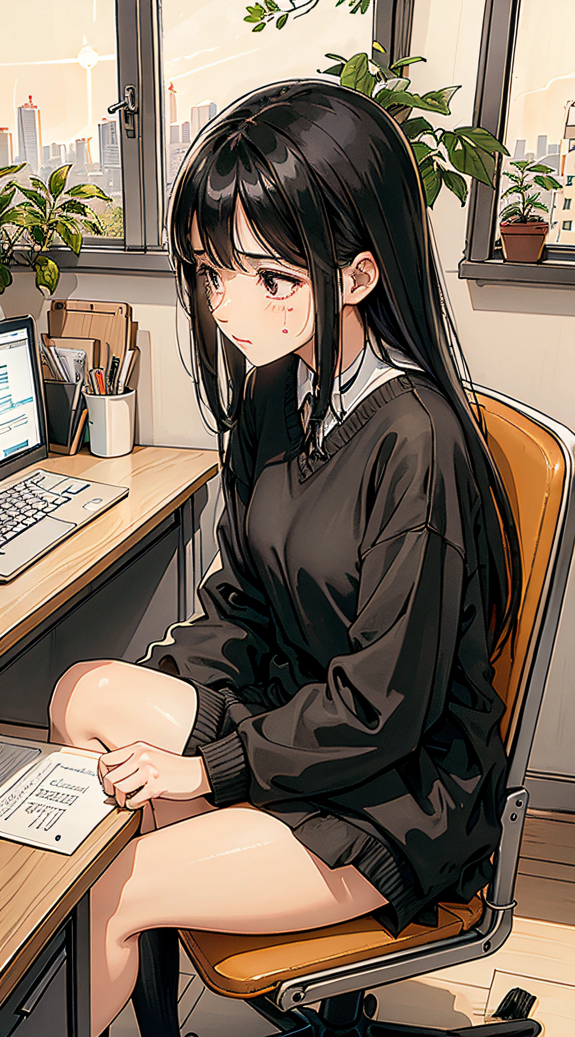 1 woman, long black hair, (hair color: black), sitting at a desk, (desk type: desk), (expression: resignation and worry), there is a computer and many documents on the desk, (computer: desktop computer), (documents: stacked files), (age: adult), (clothing: professional wear), (background: office environment), (time of day: noon), (weather: sunny), (sun: shining brightly), (lighting: natural), (mood: gloomy), (Atmosphere: Work Environment), (Environment: Office Supplies, Office Chair), (Responsibility: Obvious), (Concentration: Deep Thinking), (Environment: Enterprise), (Detail: Organized Workspace), (Composition: Center), (Message Conveyed: Work-Related Challenges), (Inner Struggle: Painted on the Face), (Background: Professional Environment), (Weight of Responsibility: Visible), (Hope to Solve: Bottom), Worry, Depressed, Head Down, Sigh
