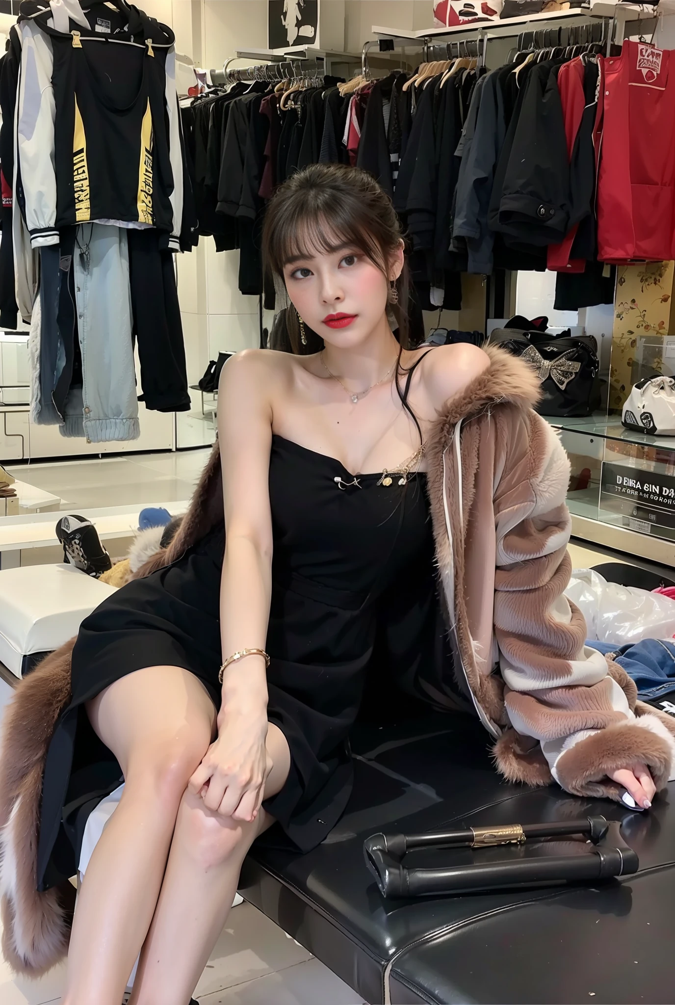 araffe sitting on a bench in a clothing store with a fur coat, korean women's fashion model, sha xi, dilraba dilmurat, heonhwa choe, tube-top dress, xintong chen, full body xianxia, gorgeous young korean woman, 奈良美智, wenfei ye
