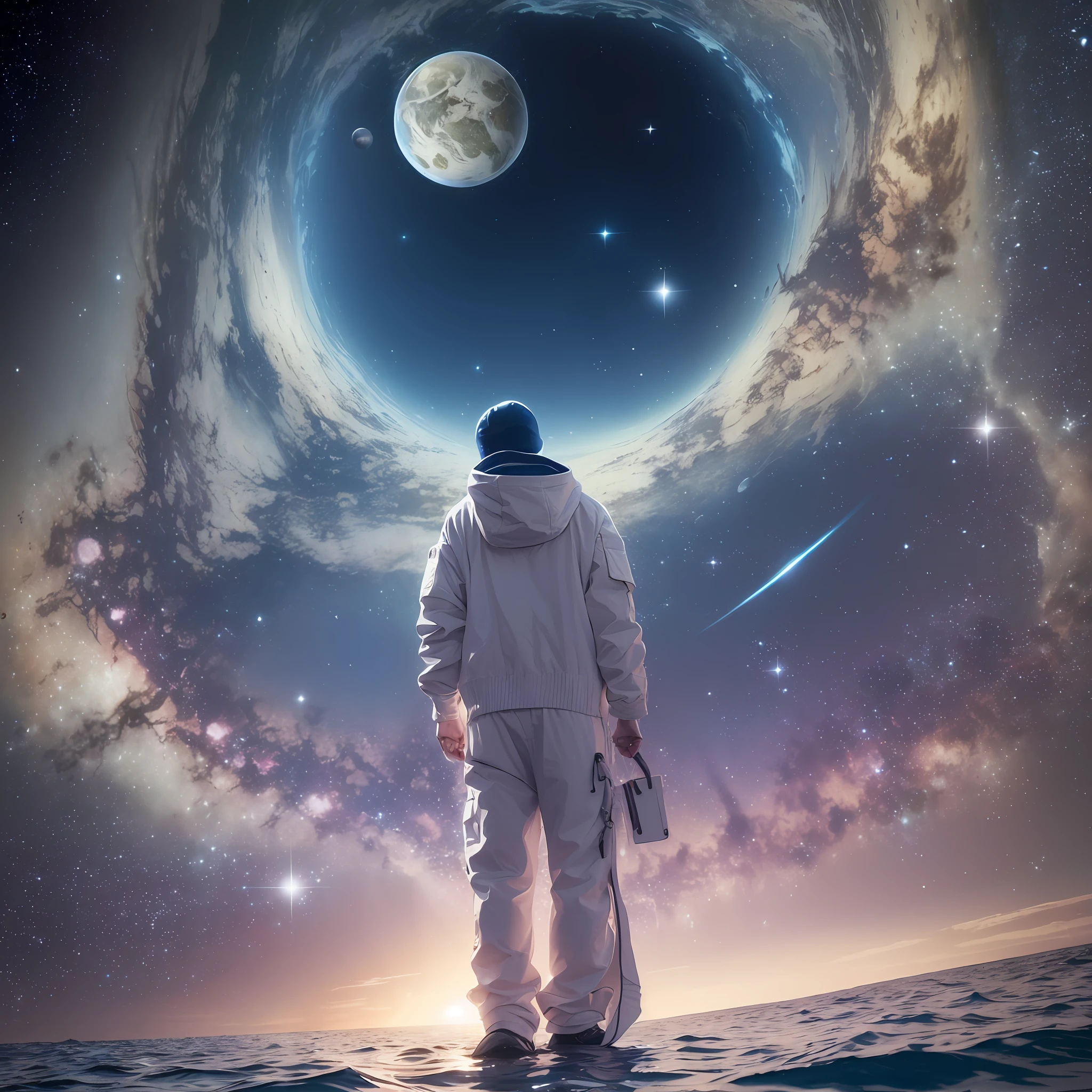 there is a man that is standing on a boat in the space, floating beside planets, floating planets, floating in the universe, floating across the cosmic ocean, dreamy illustration, of space travel, floating in outer space, floating planets and moons, another universe, floating in deep space, floating in space, floating on space, in the universe, floats in space