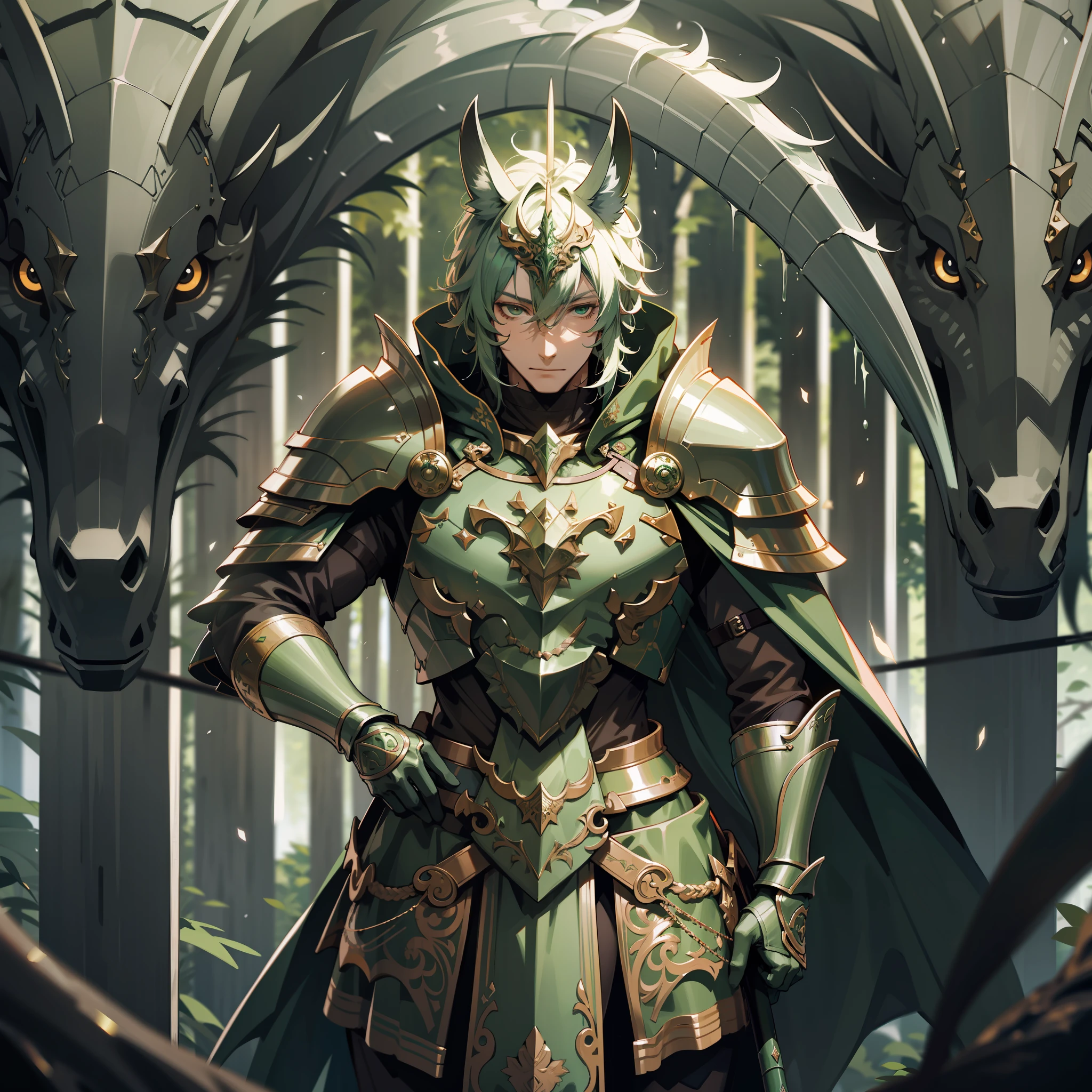 a man, druid, wildly brown short hair, dark fantasy, detailed dark green armor, detailed green scythe, and a wolf
