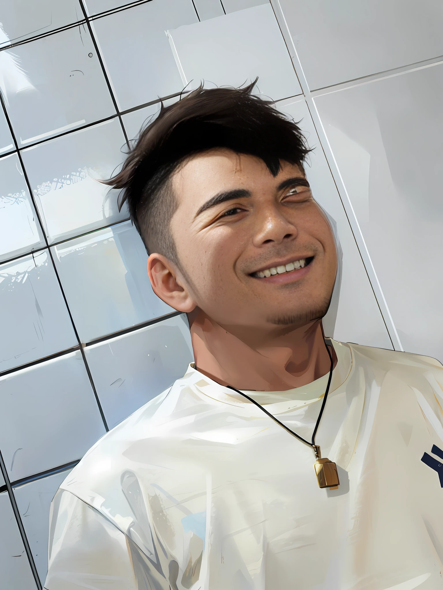 Smiling brunette man, 23 years old, white T-shirt